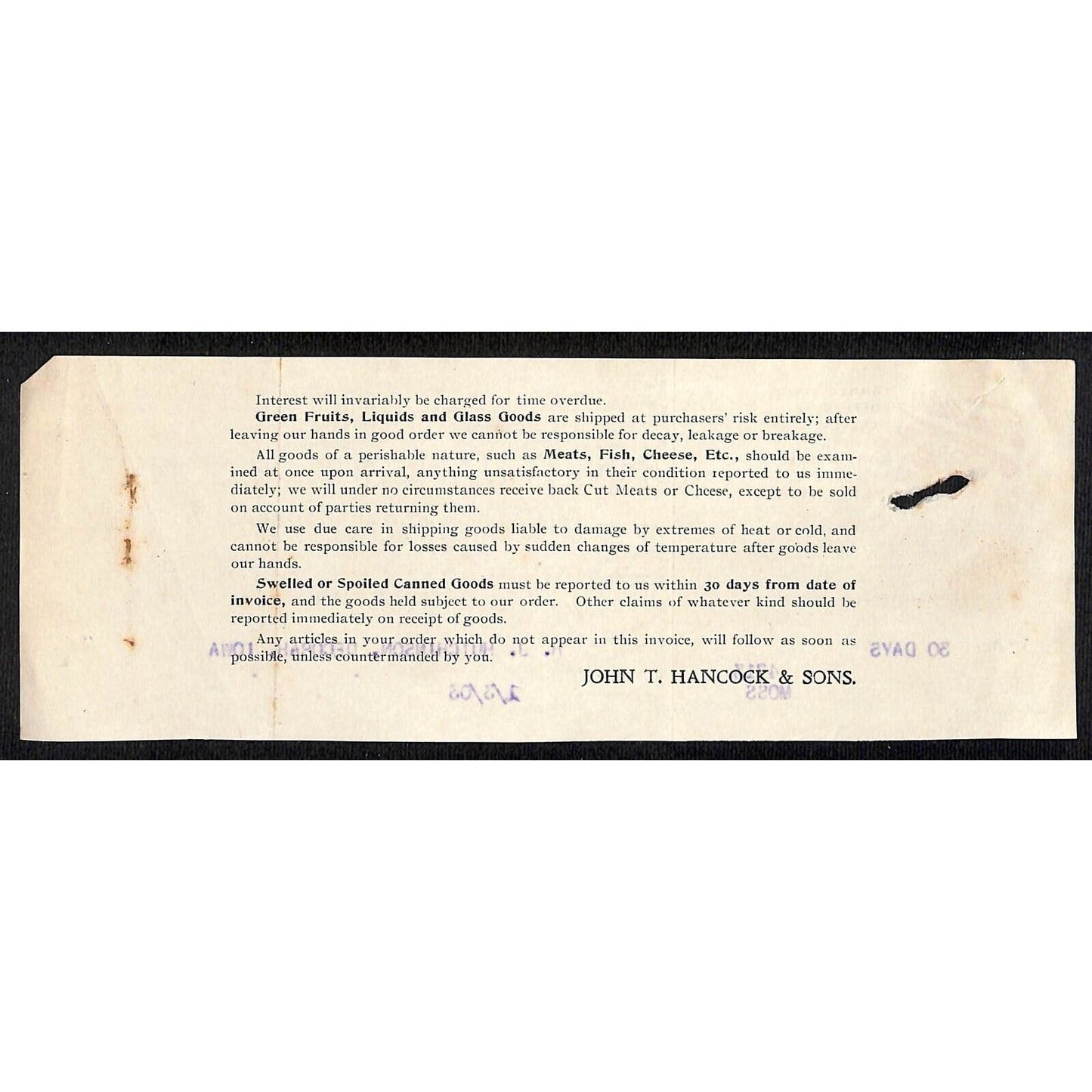 John T Hancock & Sons Dubuque Grocers Hutchinson Decorah* 1/3 1903 Cut Billhead