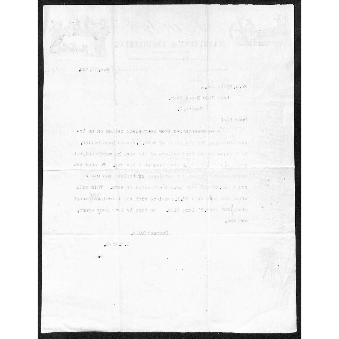 S.M. York Machinery & Engineering Engines Cleveland 1892 Letterhead re: Boiler