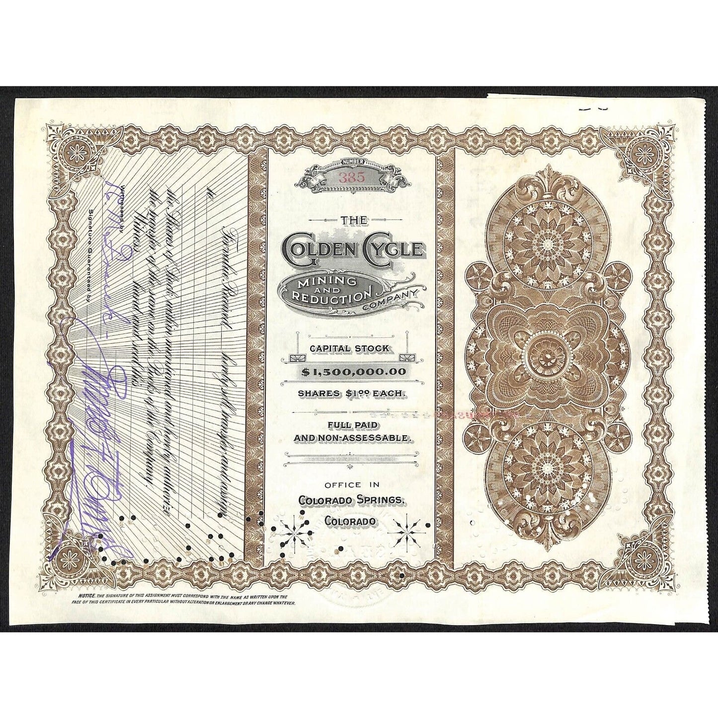 Golden Cycle Mining 1915 Stock Certificate w/ James F. Burns Sig. #385