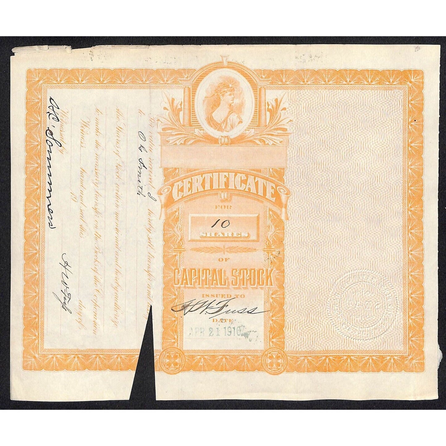 First National Bank of Lovelock, NV 1910 Stock Certificate to H.W. Fuss *