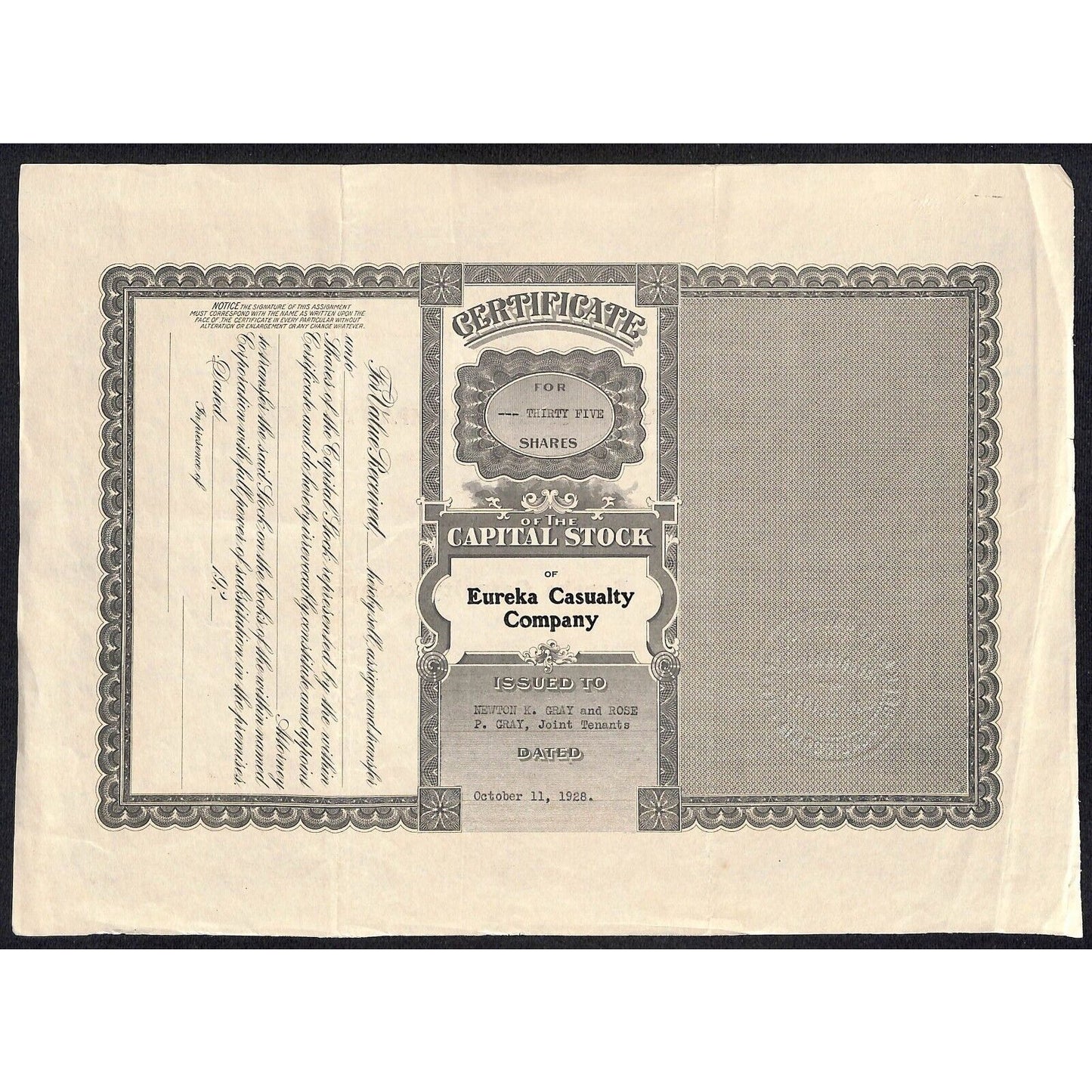 Eureka Casualty Company California 1928 Stock Certificate to Newton K. Gray