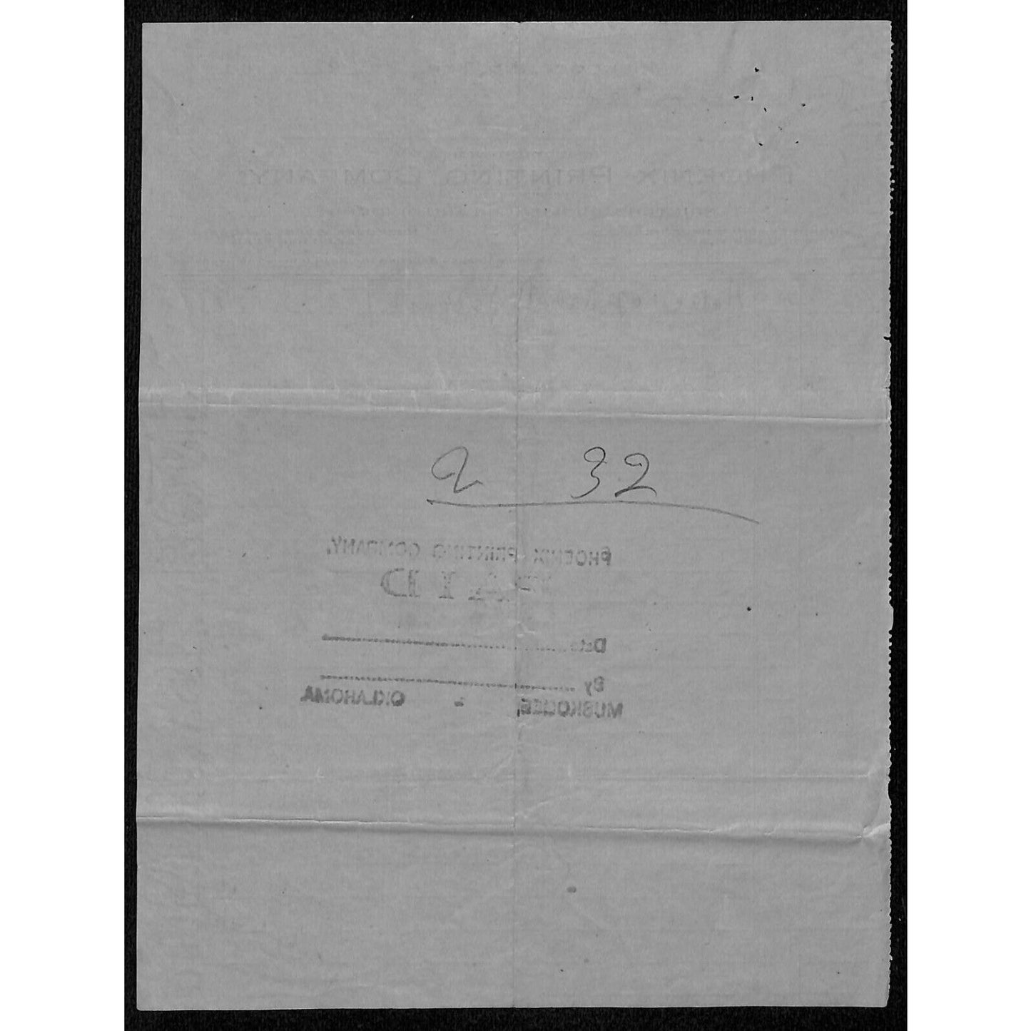 1908 Phoenix Printing Co. Muskogee, OK Indian Territory Statement / Billhead