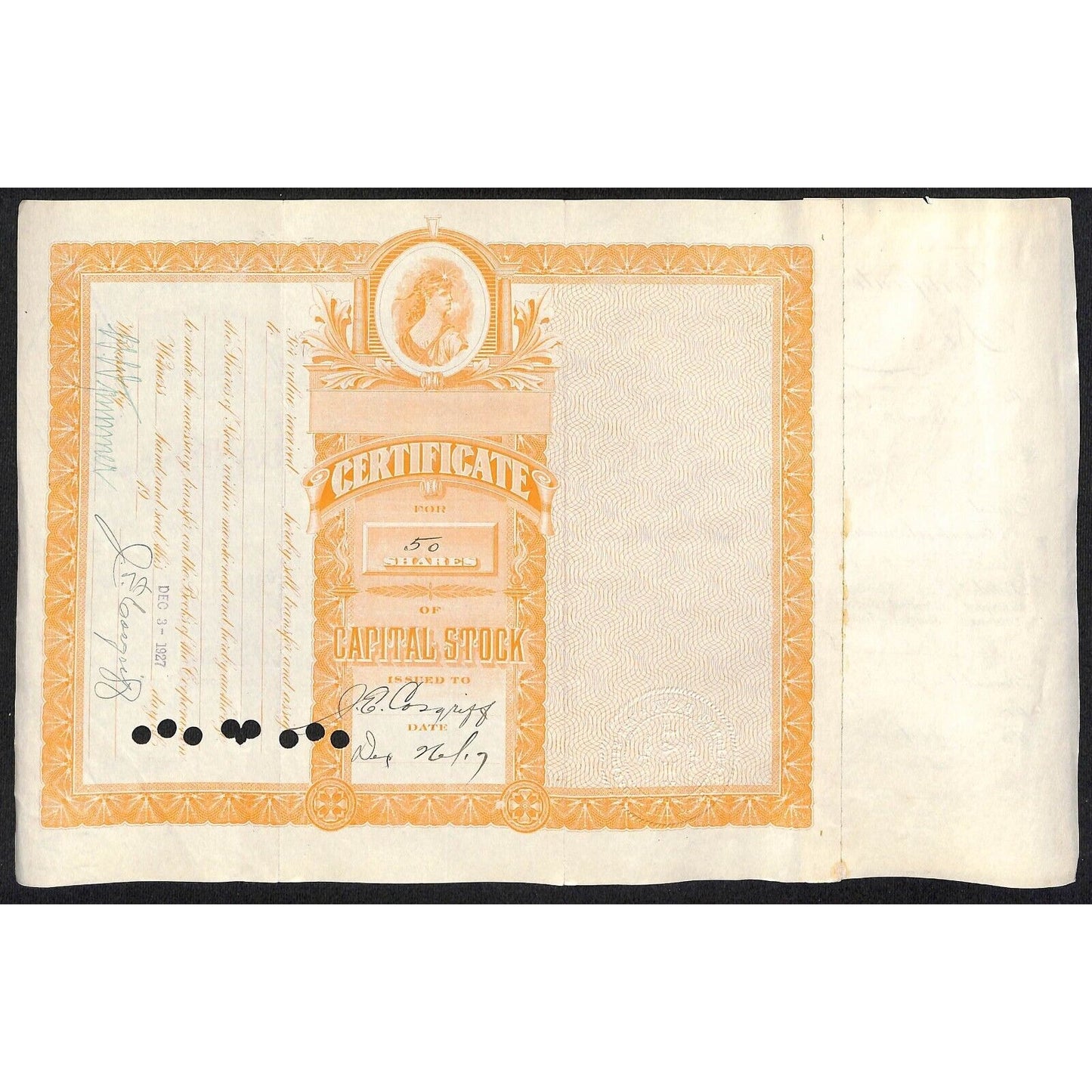 First National Bank of Lovelock, NV 1917 Stock Certificate to J.E. Cosgriff *