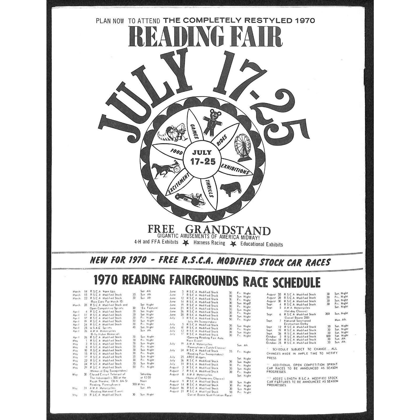 Reading Fairgrounds 1970 Auto Races Program USAC Sprint Car Champion 12pp*