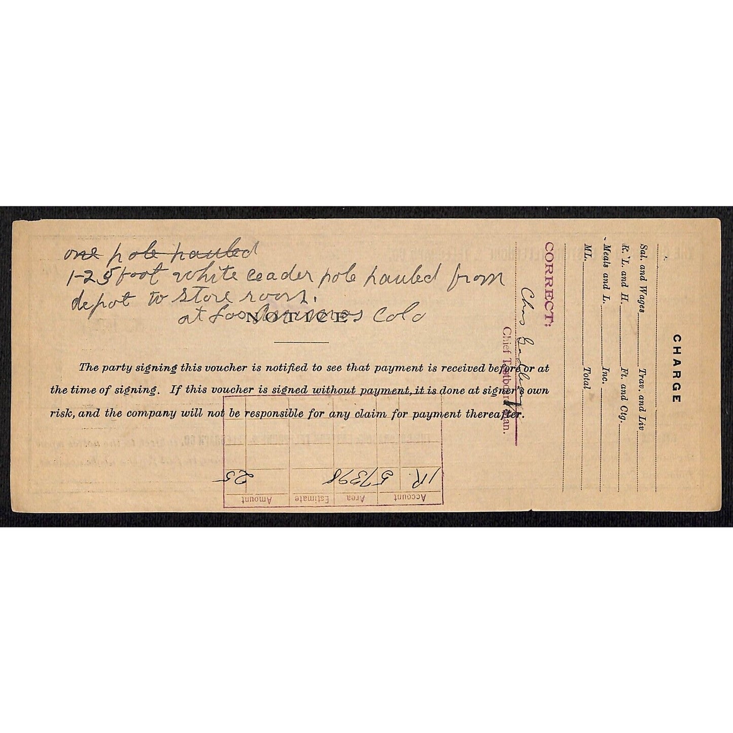 Colorado & Eastern Telephone & Telegraph Co 1910 Receipt - Drayage 1 Load 25c