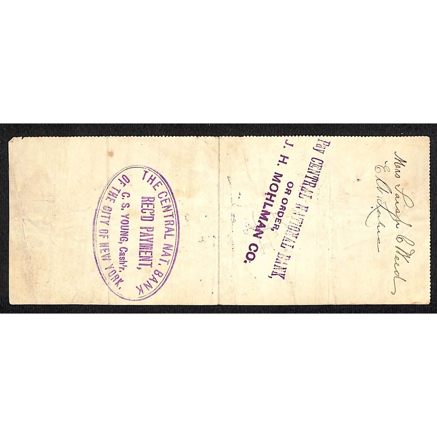 1900 Wells Fargo & Co Bank 63 Broadway NYC #84 Check w/ Rev Stamp Sarah C Weed