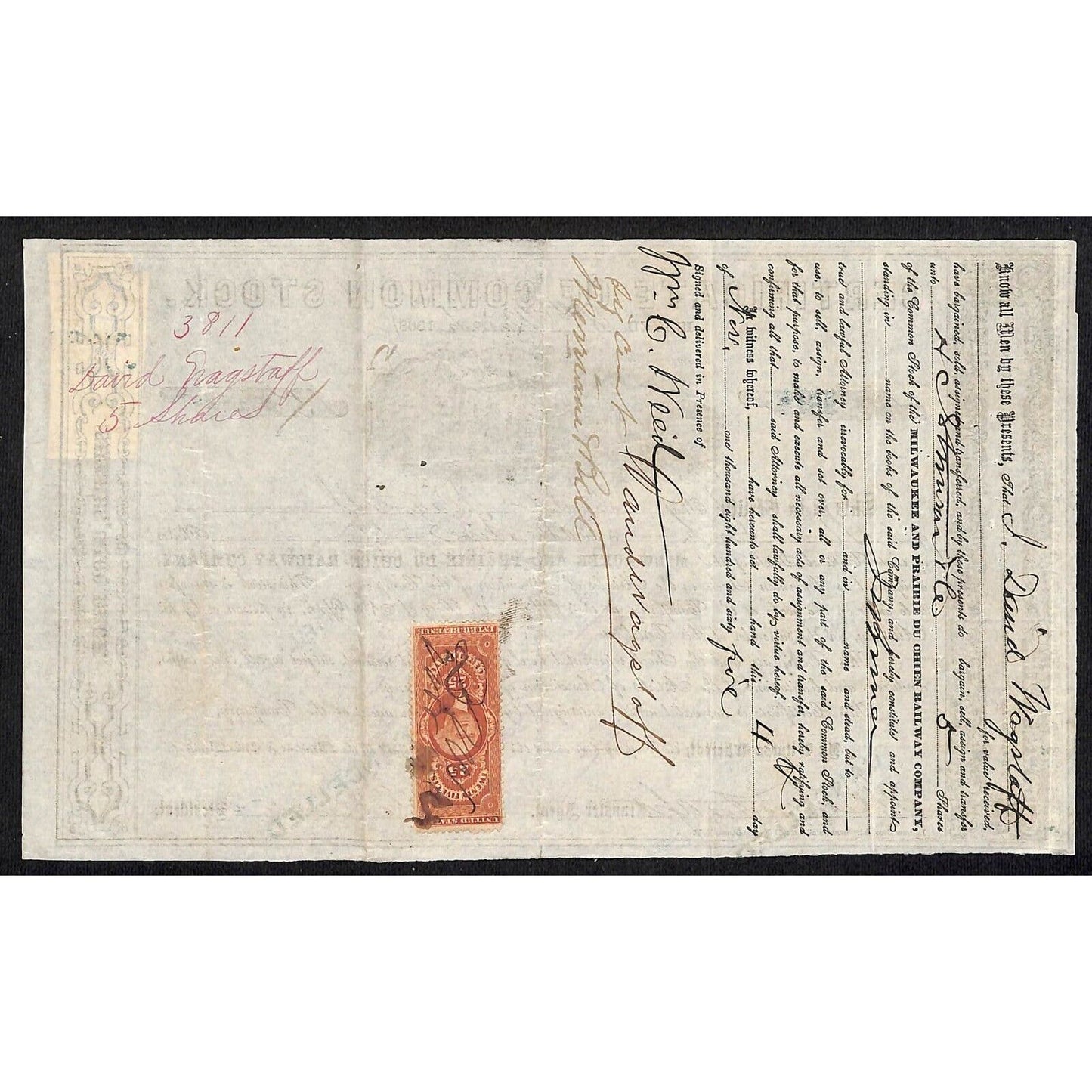 Milwaukee and Prairie Du Chien Railway 1863 Stock Certificate w/ Cert Tax Stamps