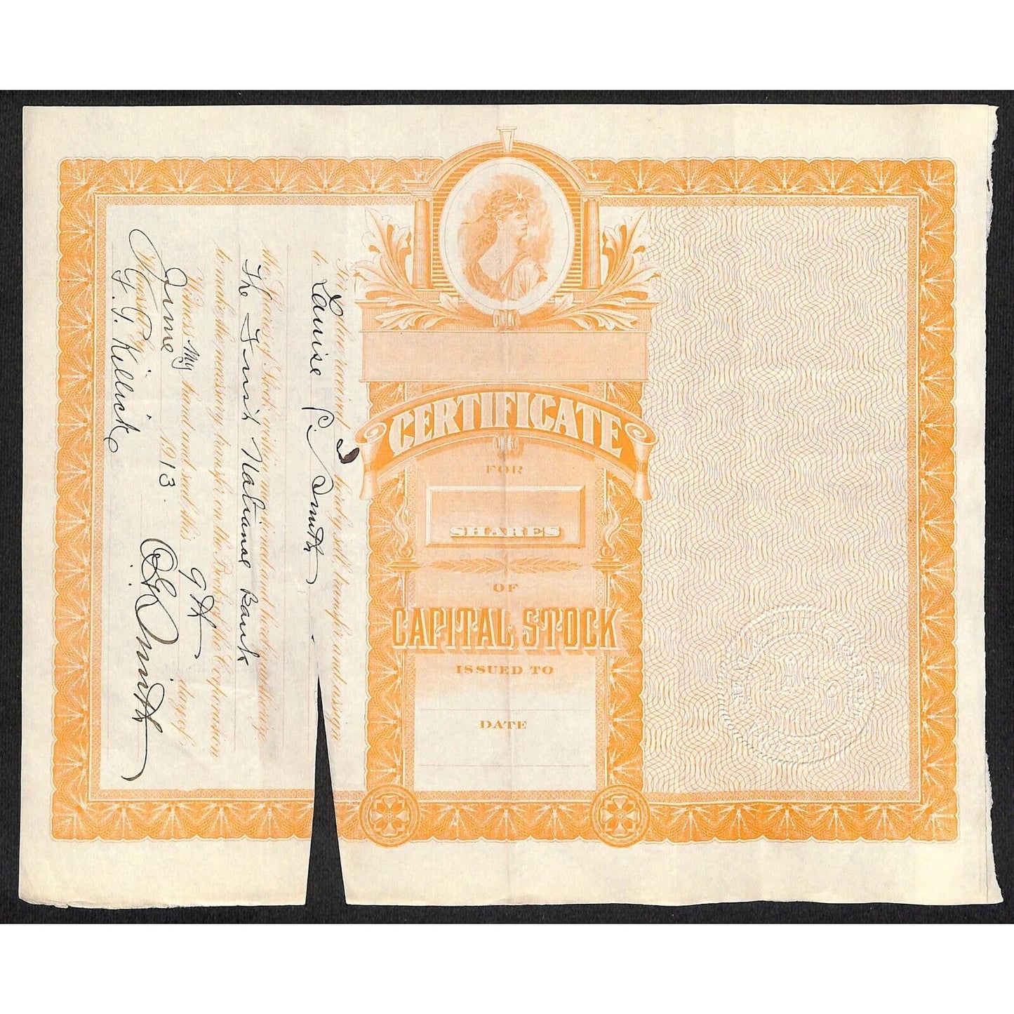 First National Bank of Lovelock, NV 1910 Stock Certificate to: O.G. Smith *