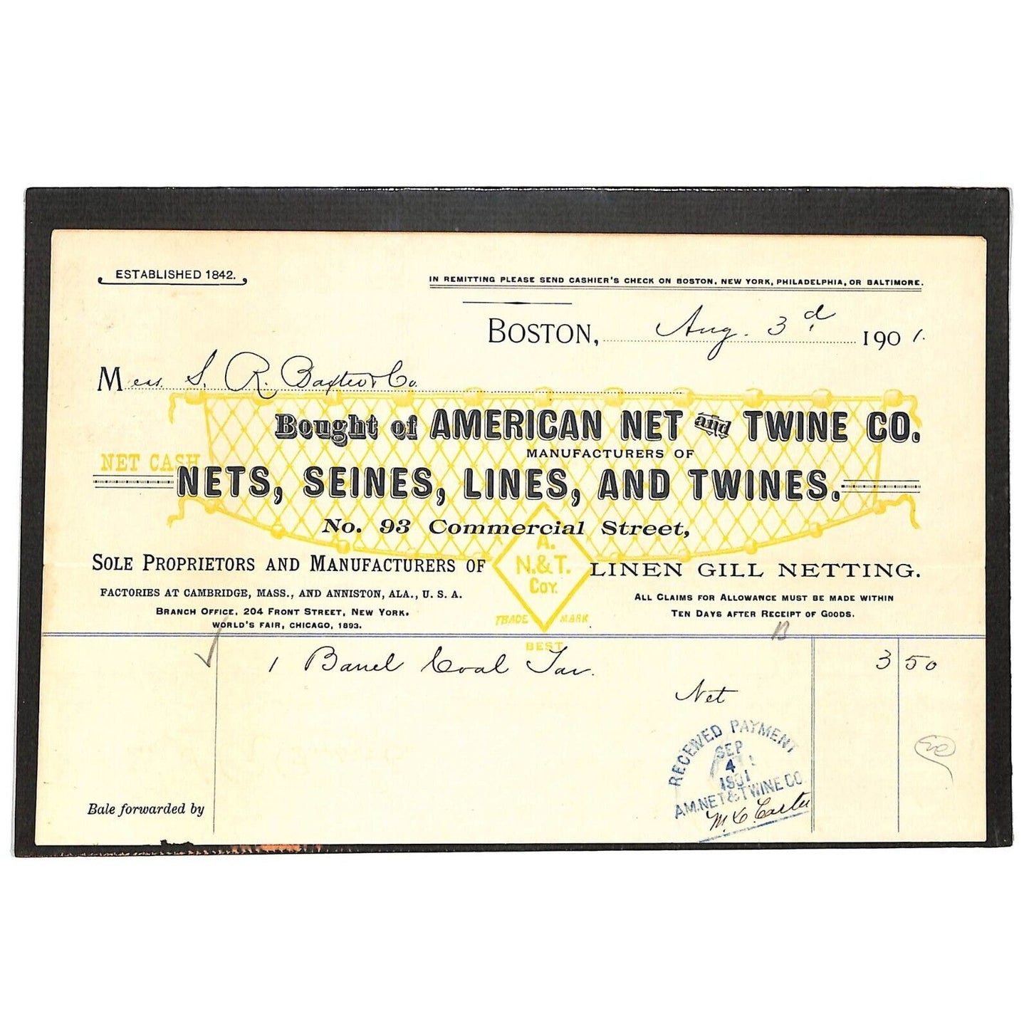 American Net and Twine Co. Boston 1901 Billhead (Nickerson & Baxter) Coal Tar