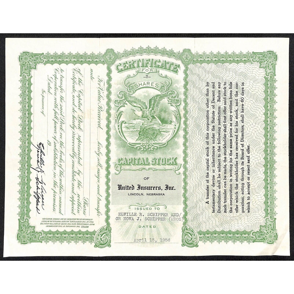 United Insurers, Inc. Lincoln, NE 1956 Stock Certificate to Elville R. Schipper