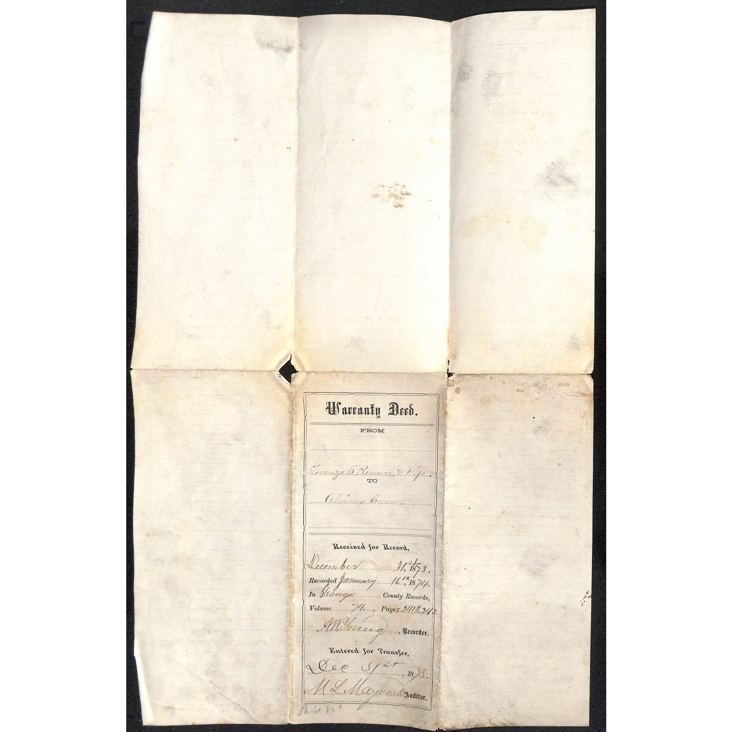 1855 Warranty Deed Horatio Miller to Aboirus Snow ? Williams County, OH