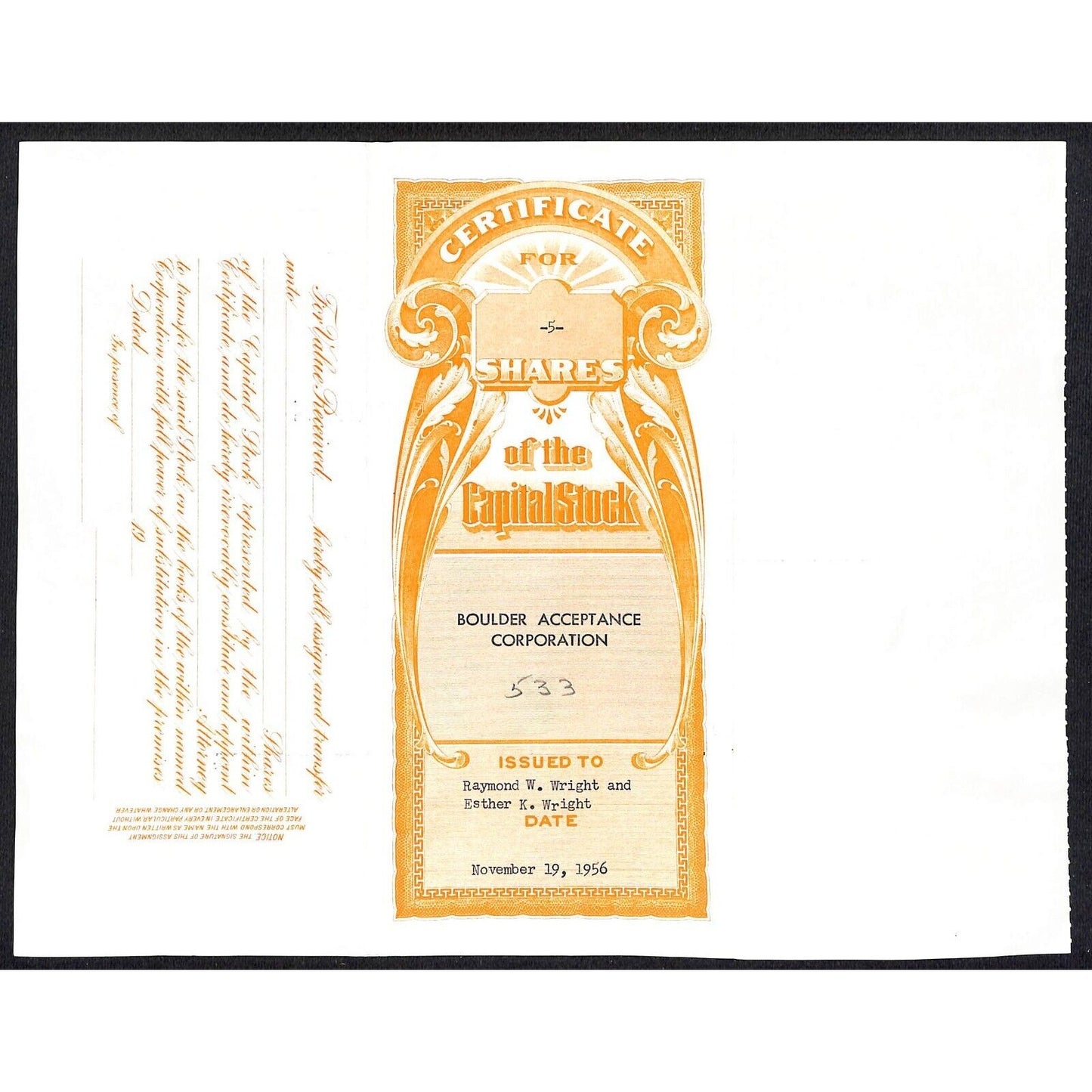 Boulder Acceptance Corp. Colorado 1956 Stock Certificate to Raymond W. Wright