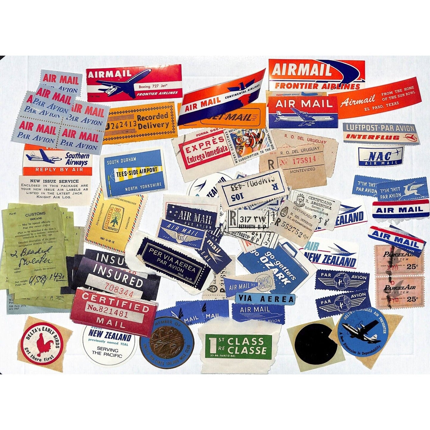 Group of 75+ Mostly Small Vintage Unused Gummed Airmail Stamps Stickers Receipts