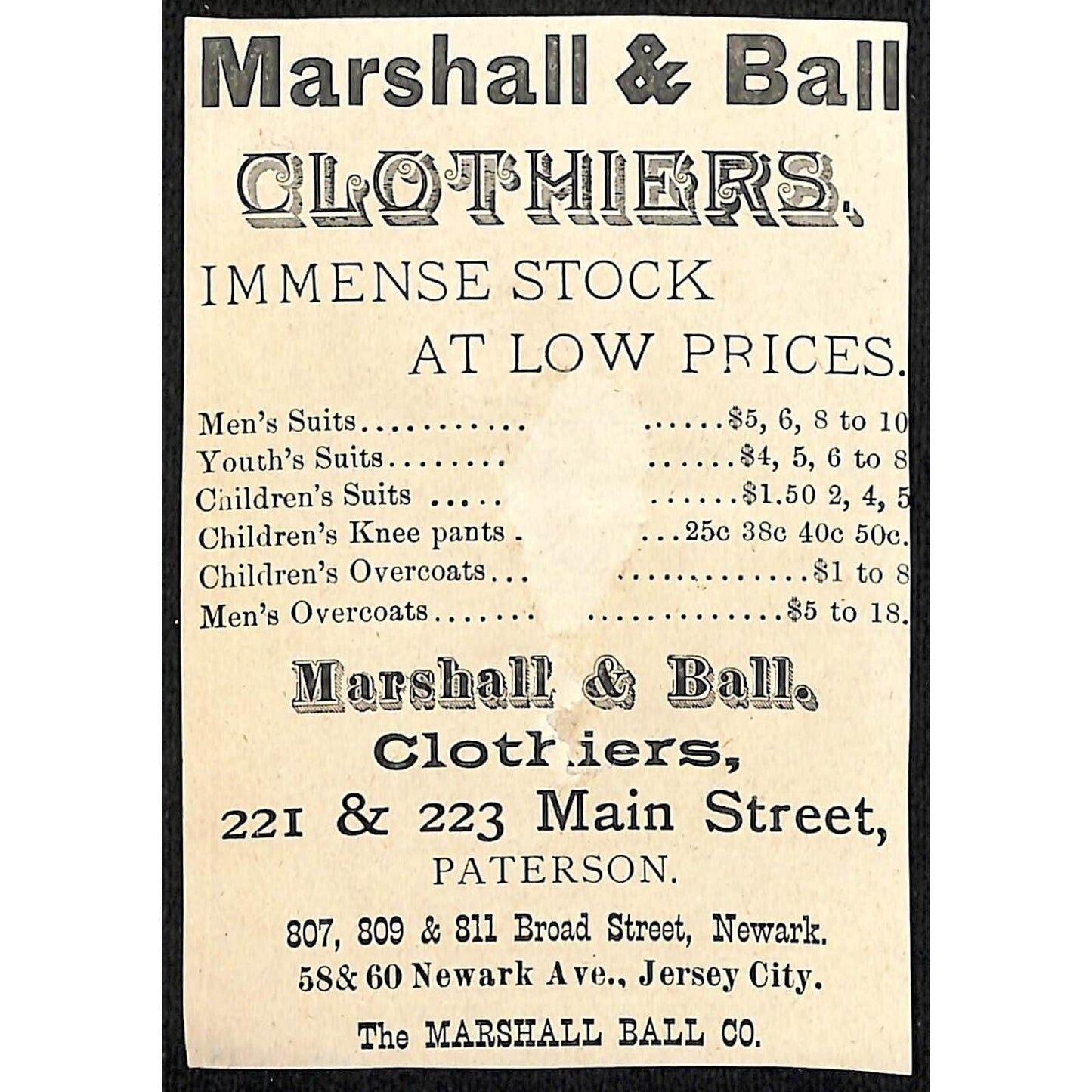 Marshall & Ball Clothiers Paterson, NJ Victorian Trade Card Woman Kimono & Fan
