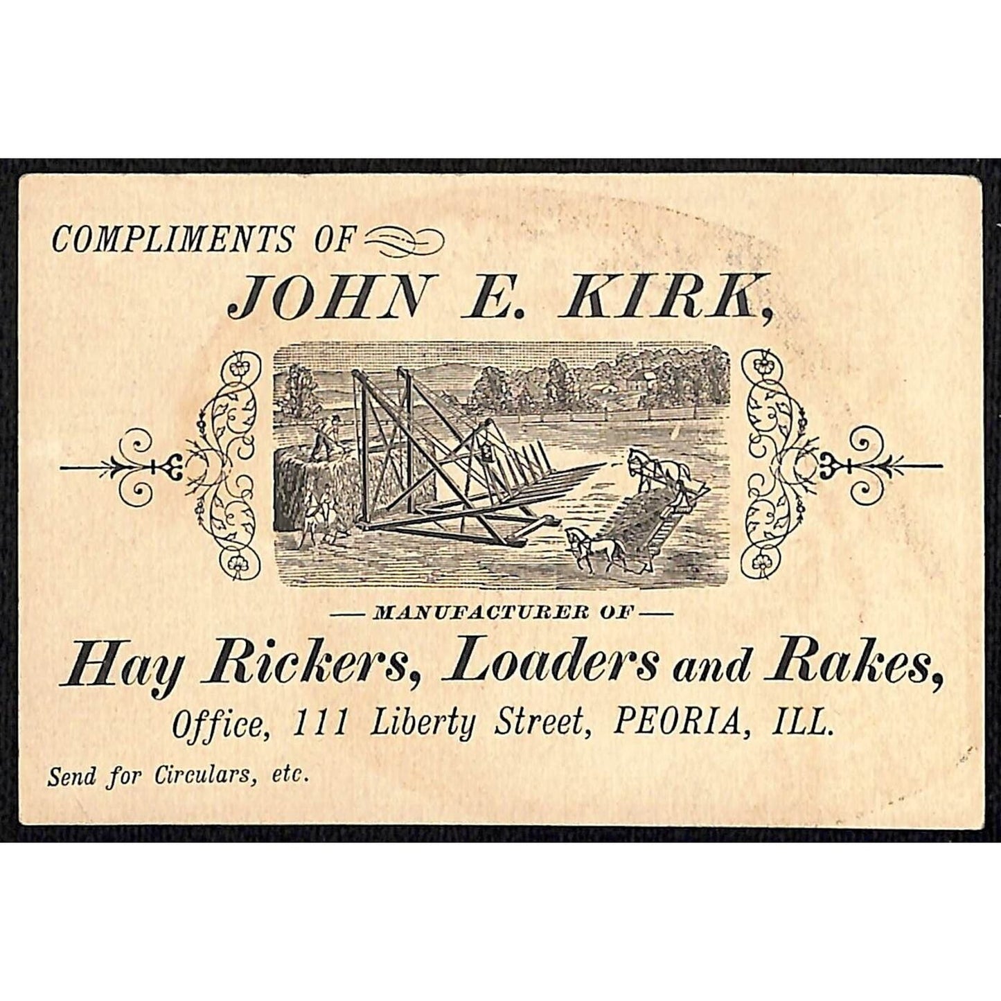 John E. Kirk Hay Peoria, IL Rickers Loaders Rakes Victorian Trade Card