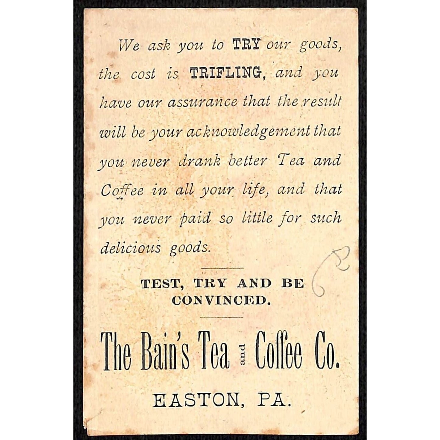 Easton, PA Bain's Tea and Coffee Co. Victorian Trade Card Boy Snowy Mountains