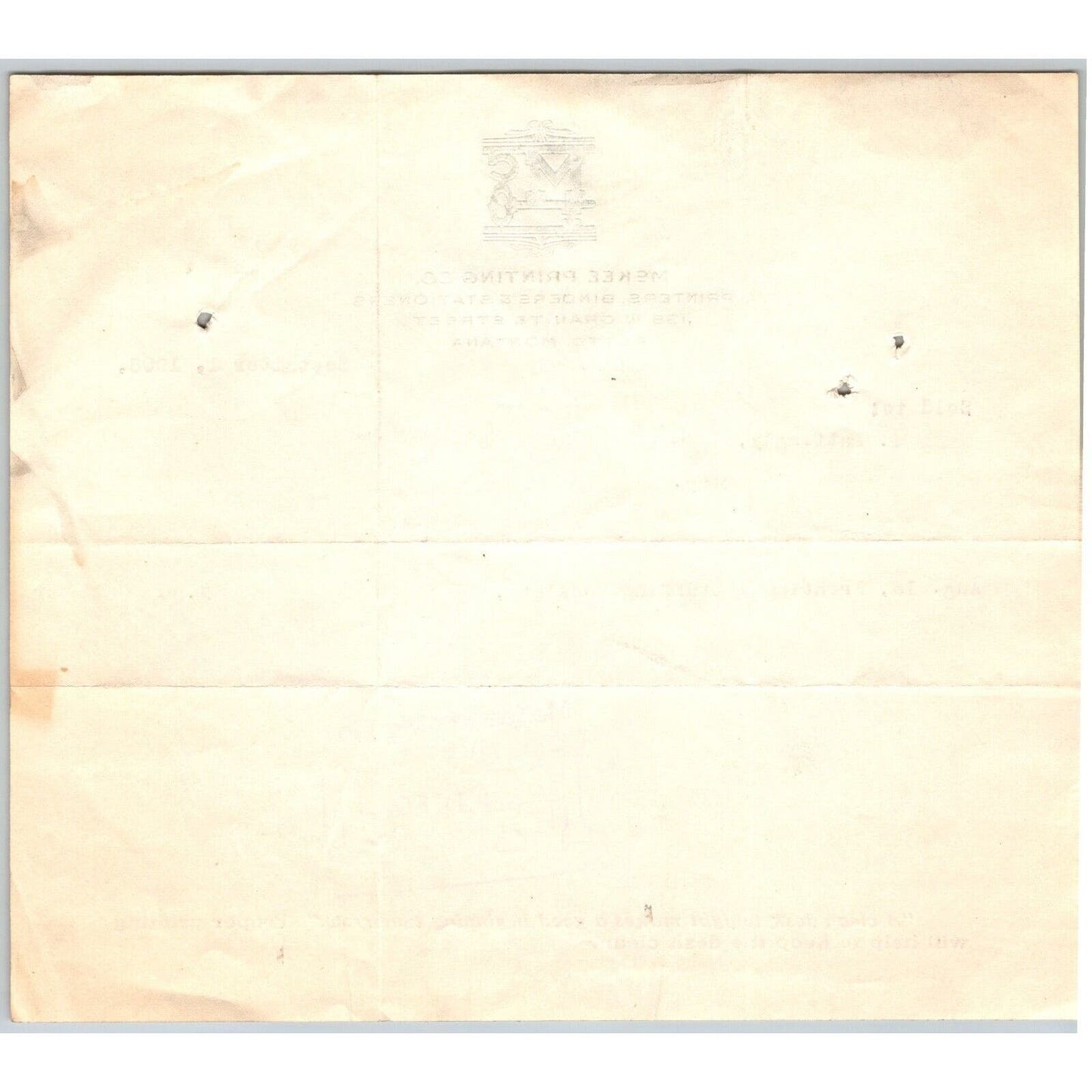 Butte, MT McKee Printing Co. Printers Binders Stationers 1908 Billhead