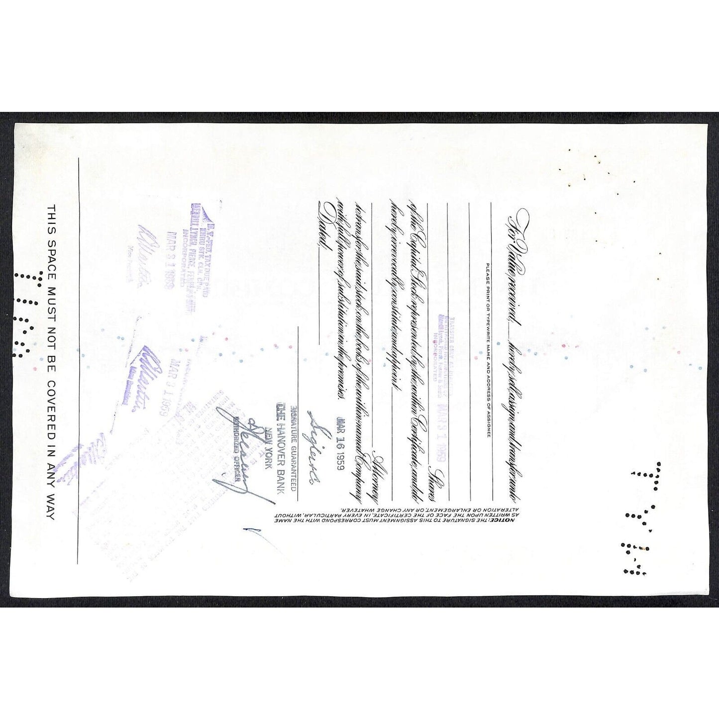 Irving Trust Company NY 1959 Stock Certificate to: Sigler & Co. #163132