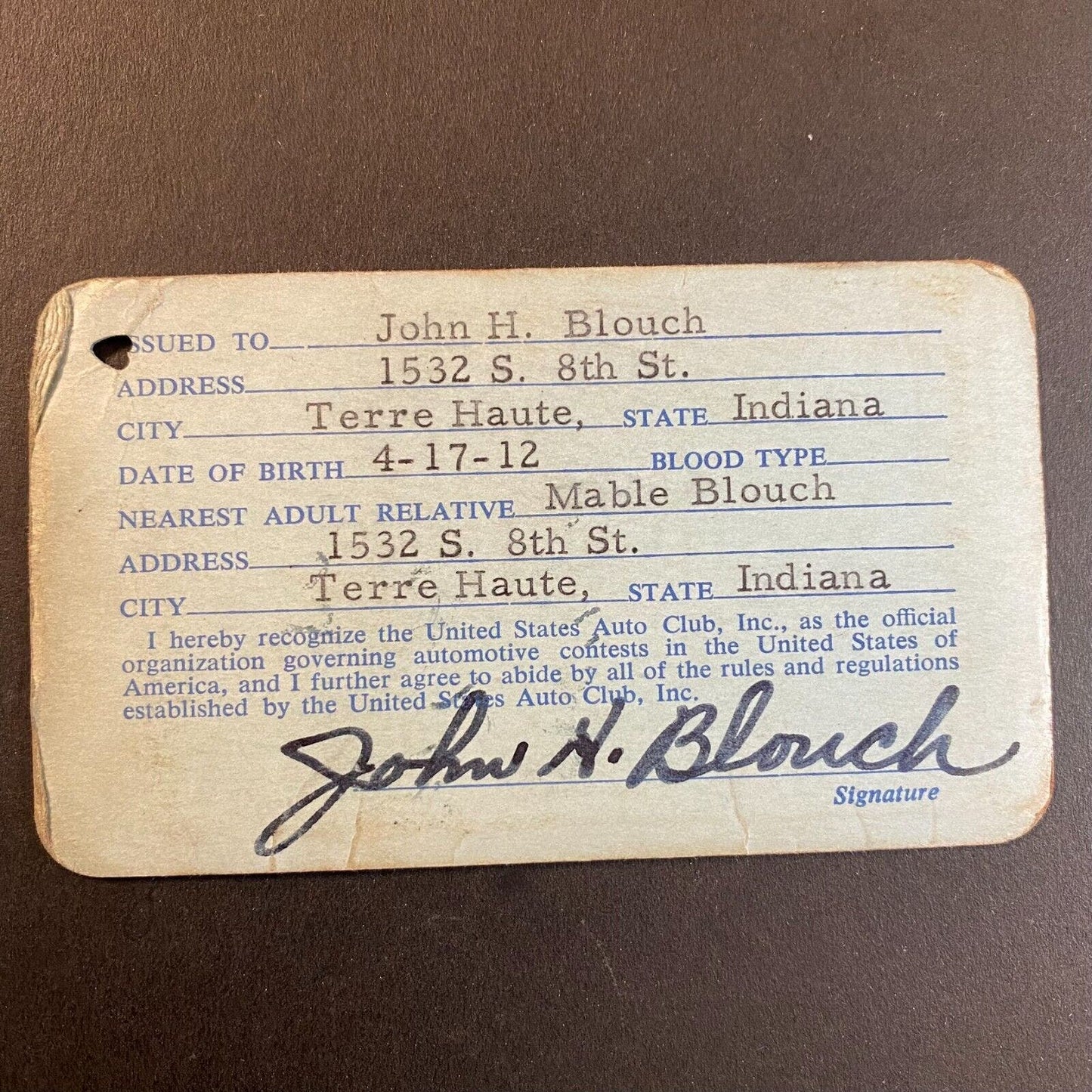 1958 USAC Chief Mechanic Membership Card "John H. Blouch" Signed - Scarce