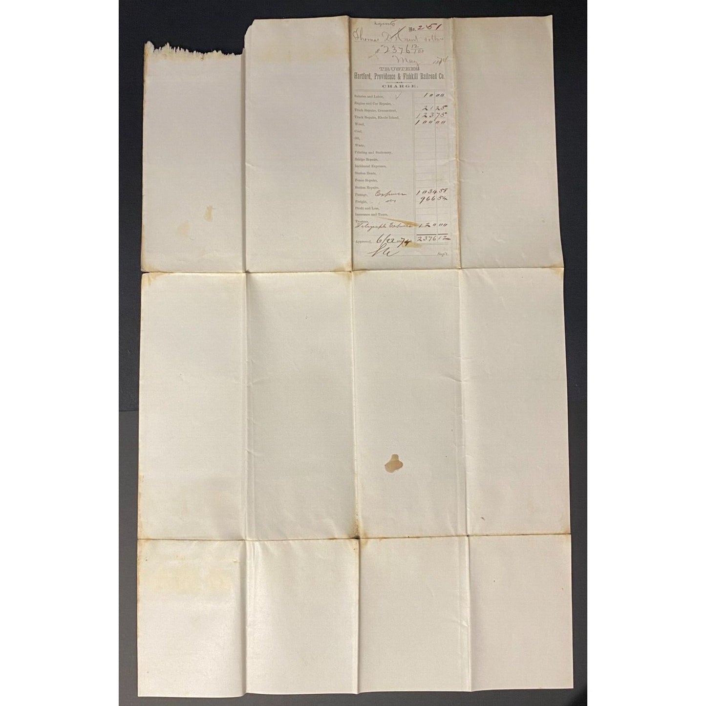 Hartford Providence Fishkill Railroad 1874 Pay Roll Sheet w/ 55 Signatures
