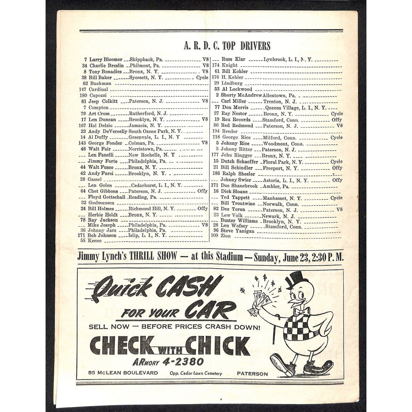 Hinchliffe Stadium Midget Auto Races 5/29/1946 Program Chet Gibbins 4pp Scarce