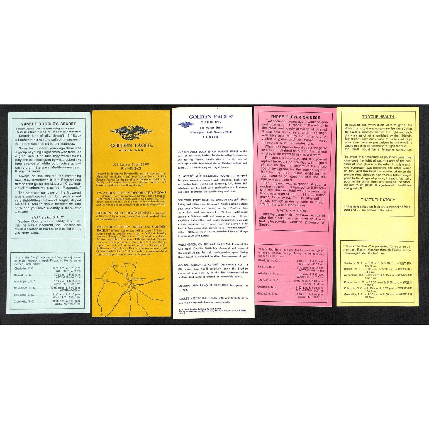 Group of 5 Golden Eagle Motor Inn Wilmington, NC c1970 Travel Brochure Inserts