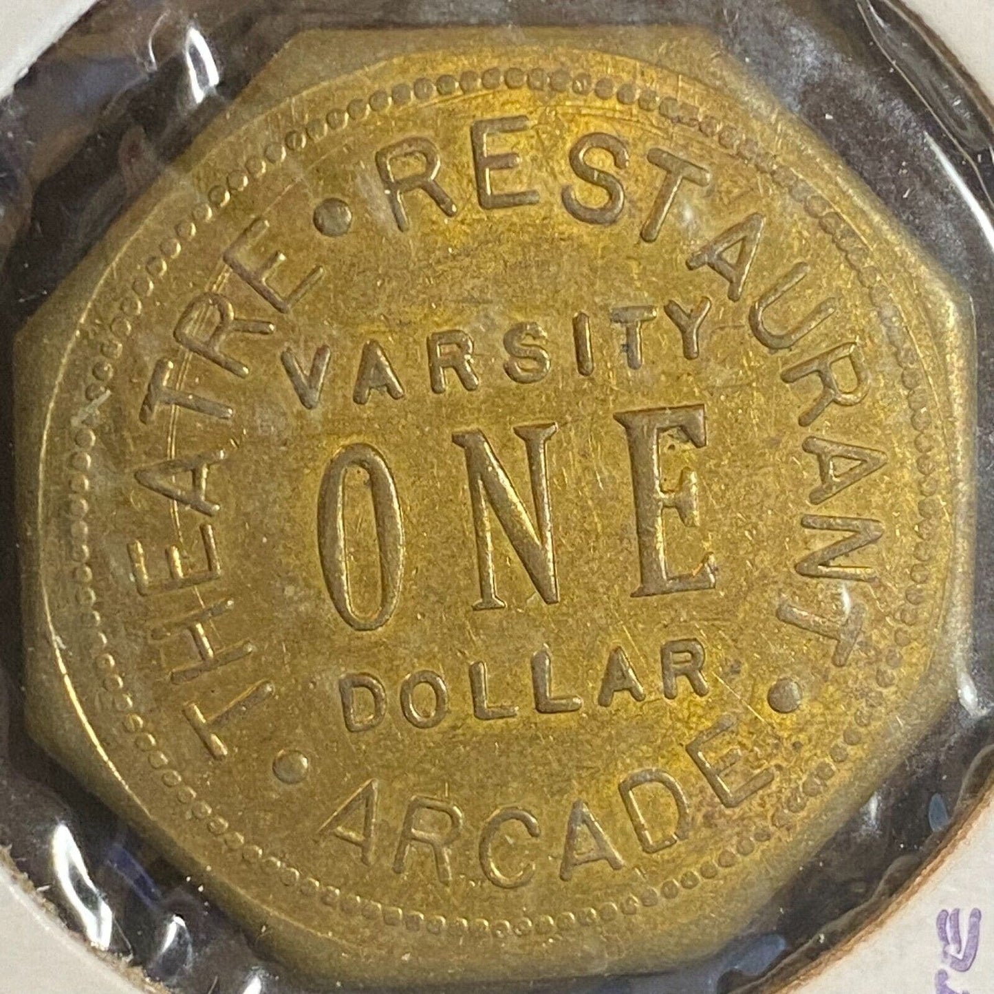 New Varsity Arcade Theatre Restaurant Palo Alto Token Octagon Brass 30mm c1974