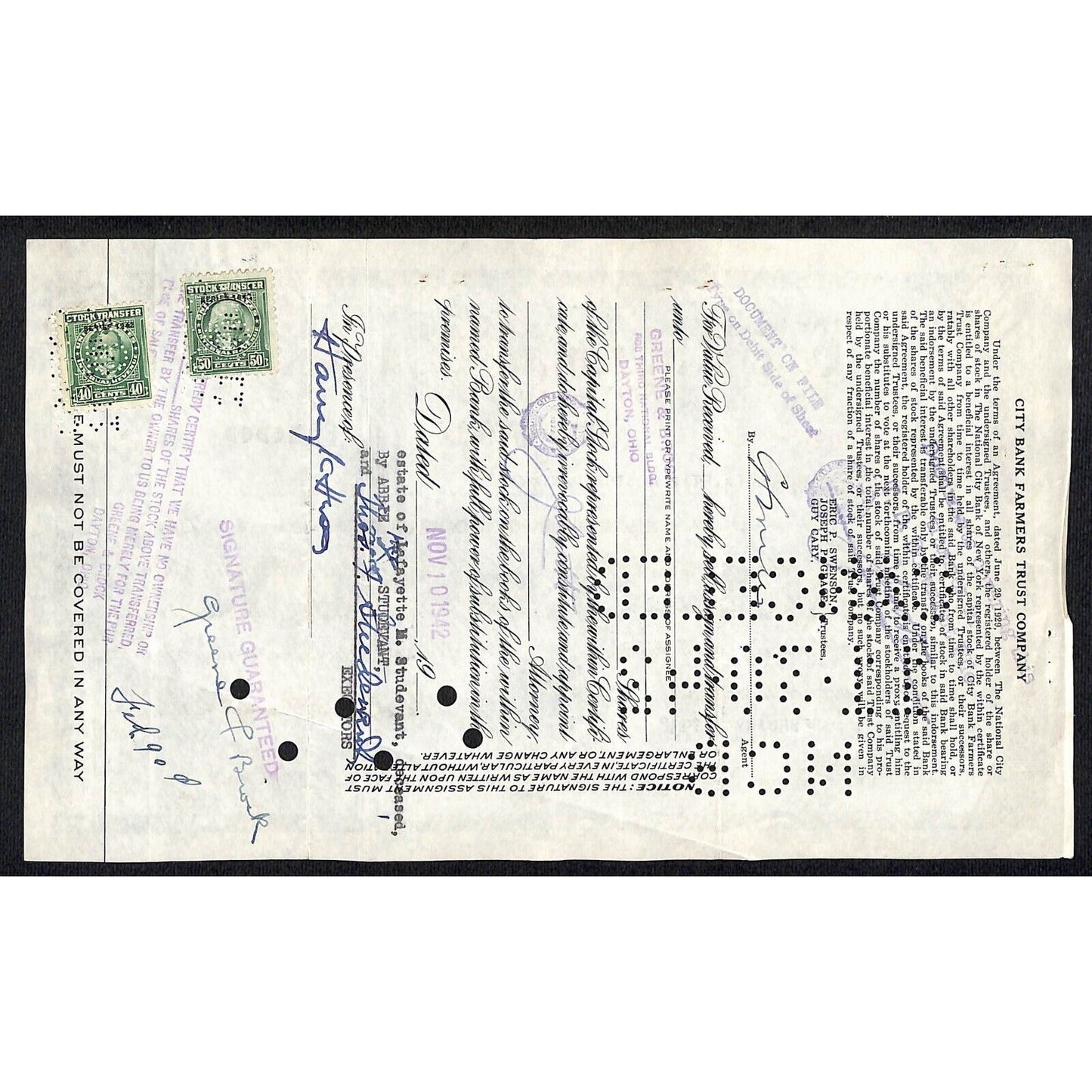 National City Bank of New York 1938 Stock Certificate Lafayette M. Studevant