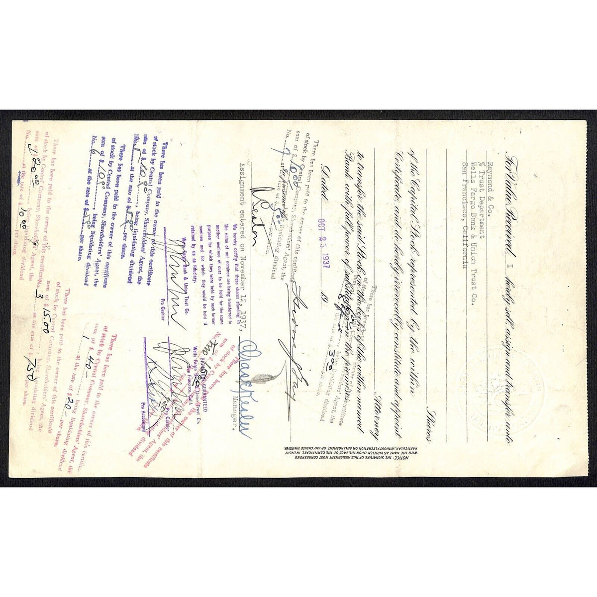 Central National Bank of Oakland 1925 Stock Certificate #2059 Very Scarce