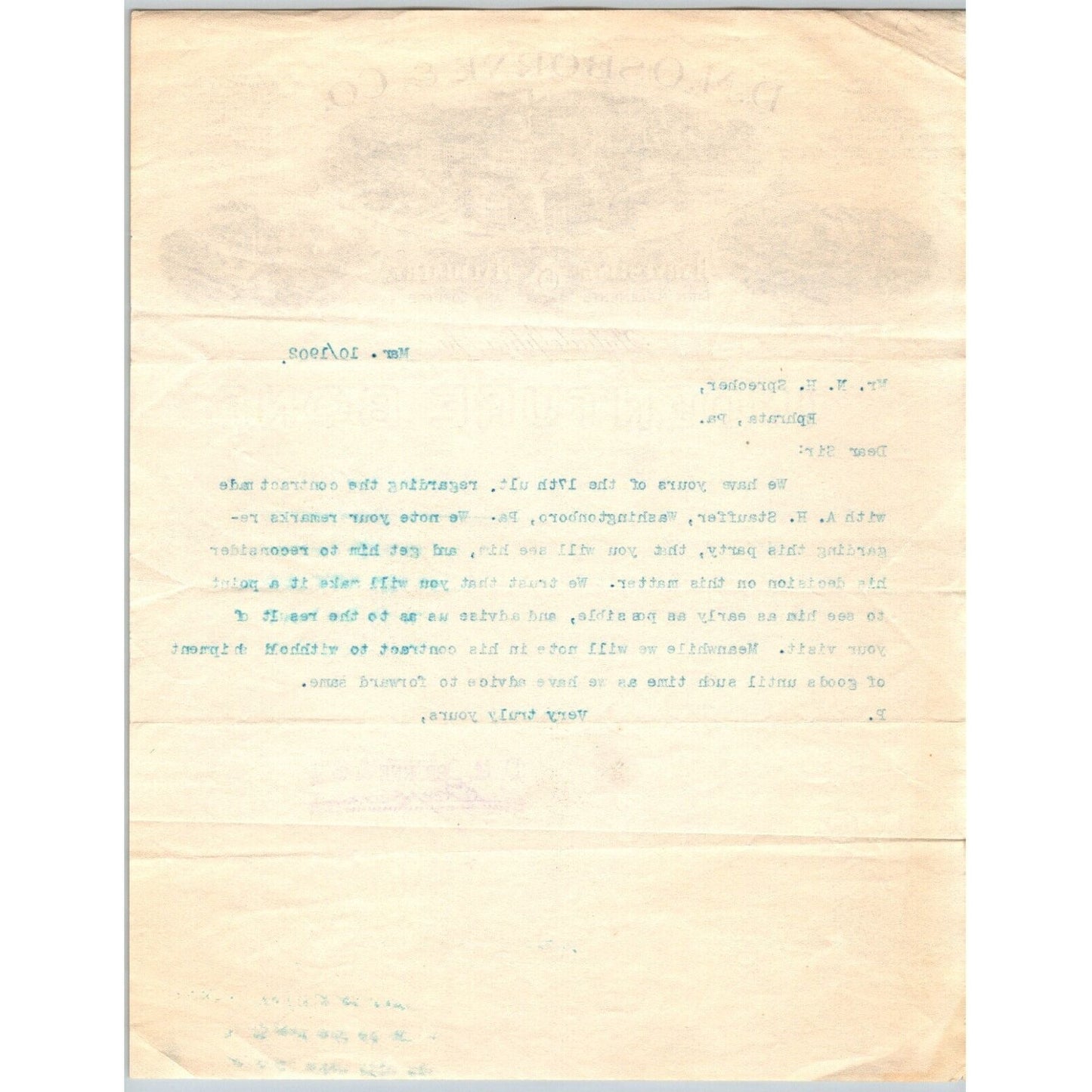 D.M. Osborne & Co. (IH*) Harvesting Machinery 1902 Letterhead re: Contract