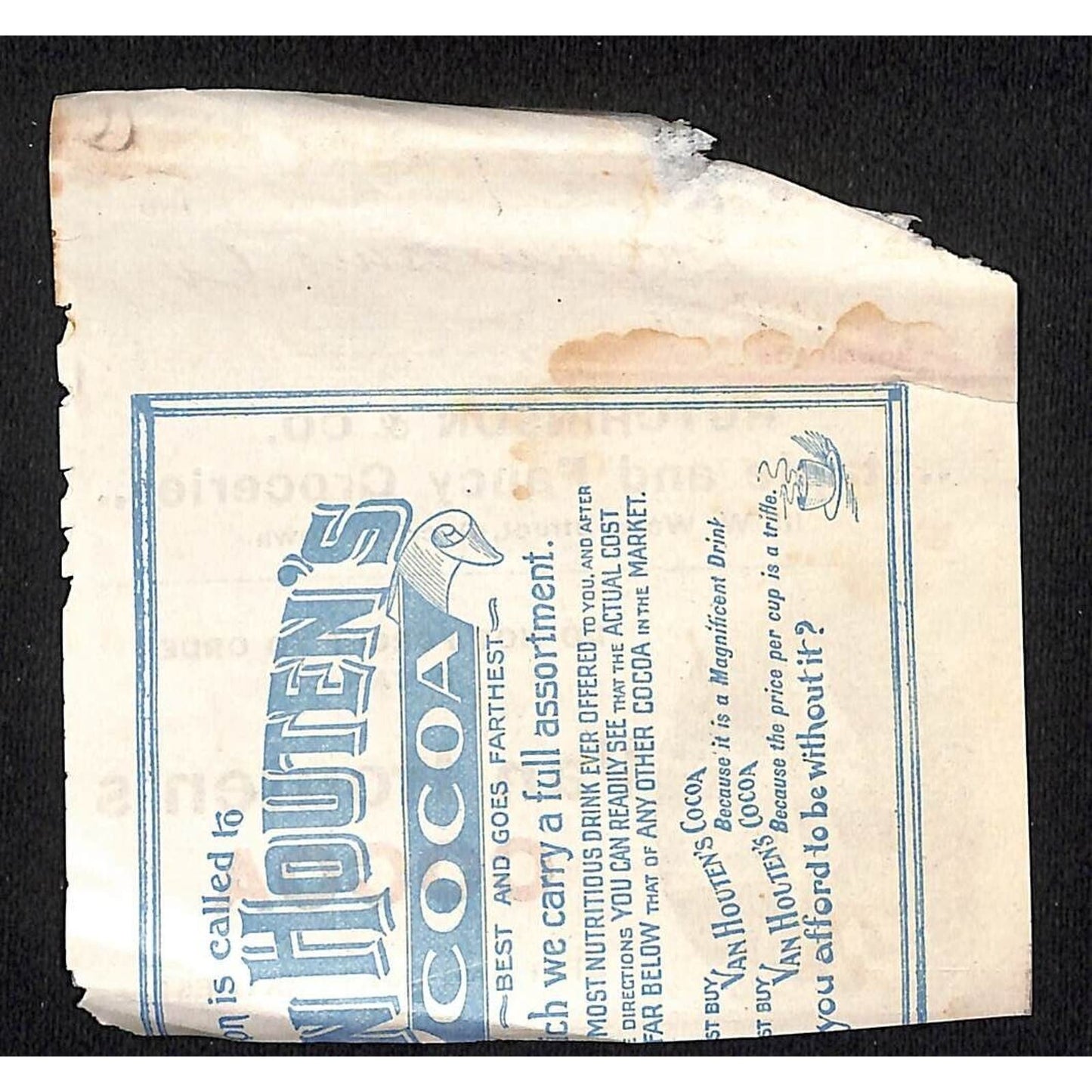 Van Houten's Cocoa Dubuque, IA Hutchinson* c1890's Cut Receipt