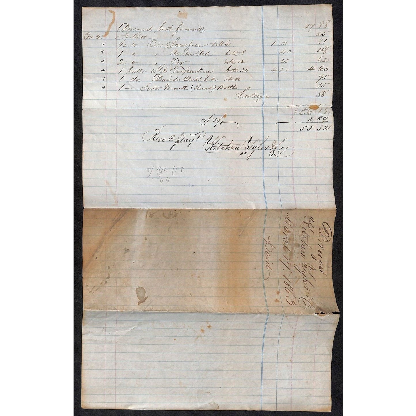 Kitchen, Tyler & Co. / Harral, Risley 1863 J.J. Cover, Johnsville, OH* Billhead