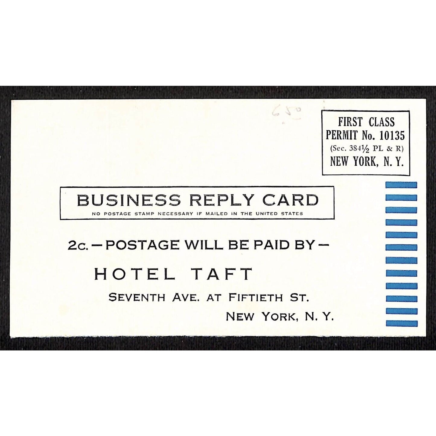 Hotel Taft NYC 7th Ave c1930's-40's Business Reply Card Postcard w/ Prices