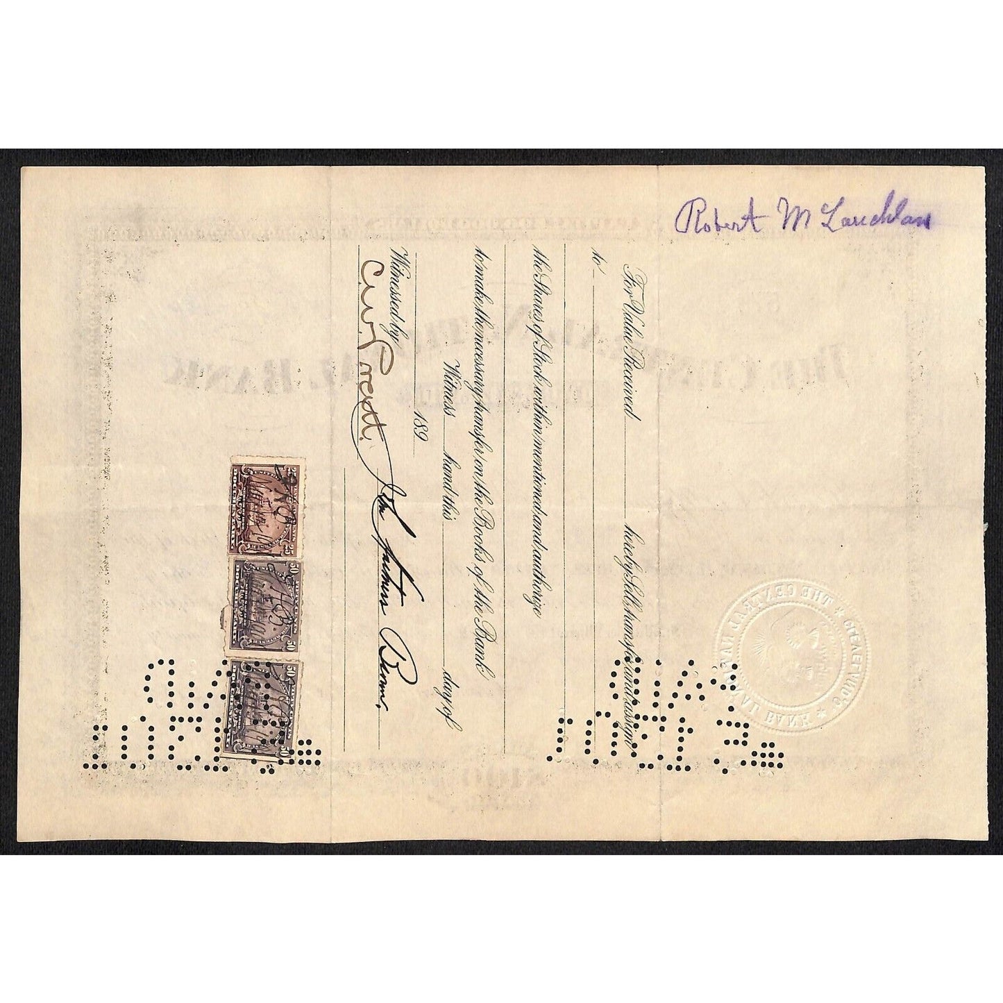 Central National Bank of Cleveland 1900 Stock Certificate to John Hart??ss Brown
