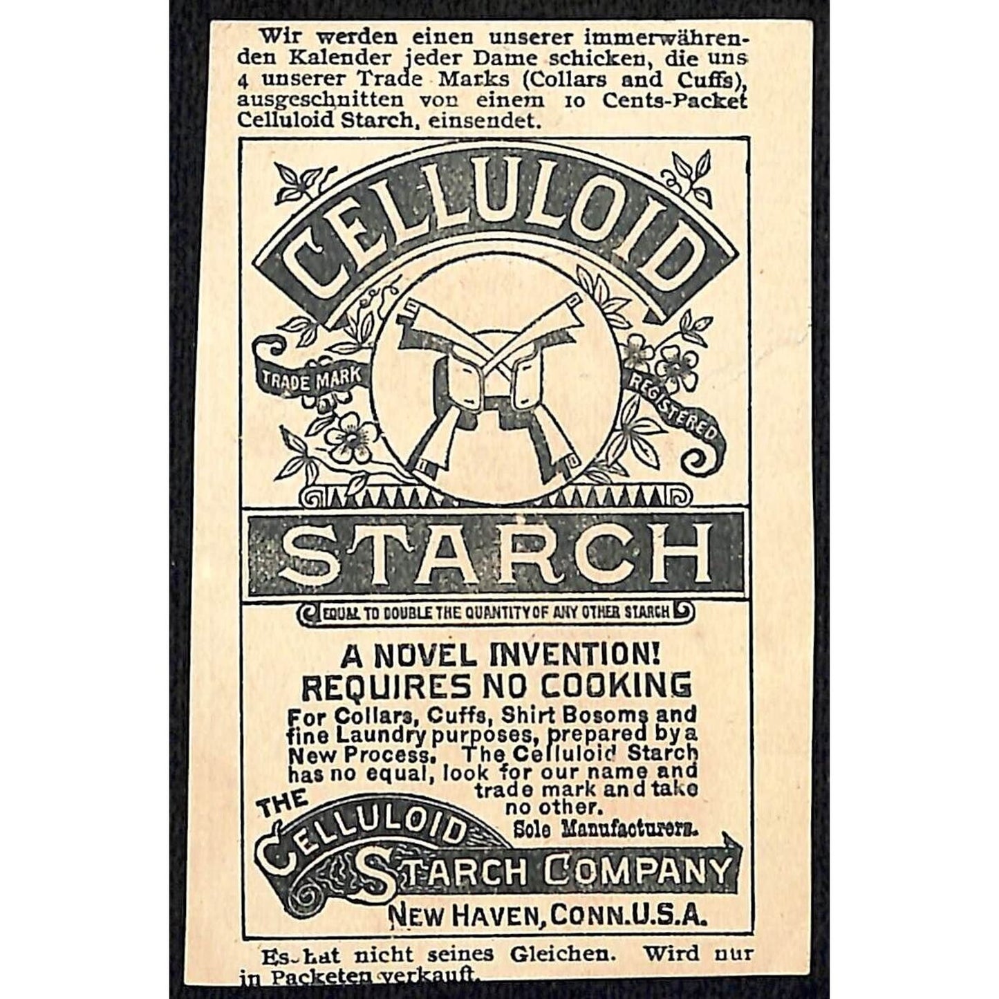 New Haven, CT Celluloid Starch Co. Victorian Trade Card Boy w/ Dog Plays Violin