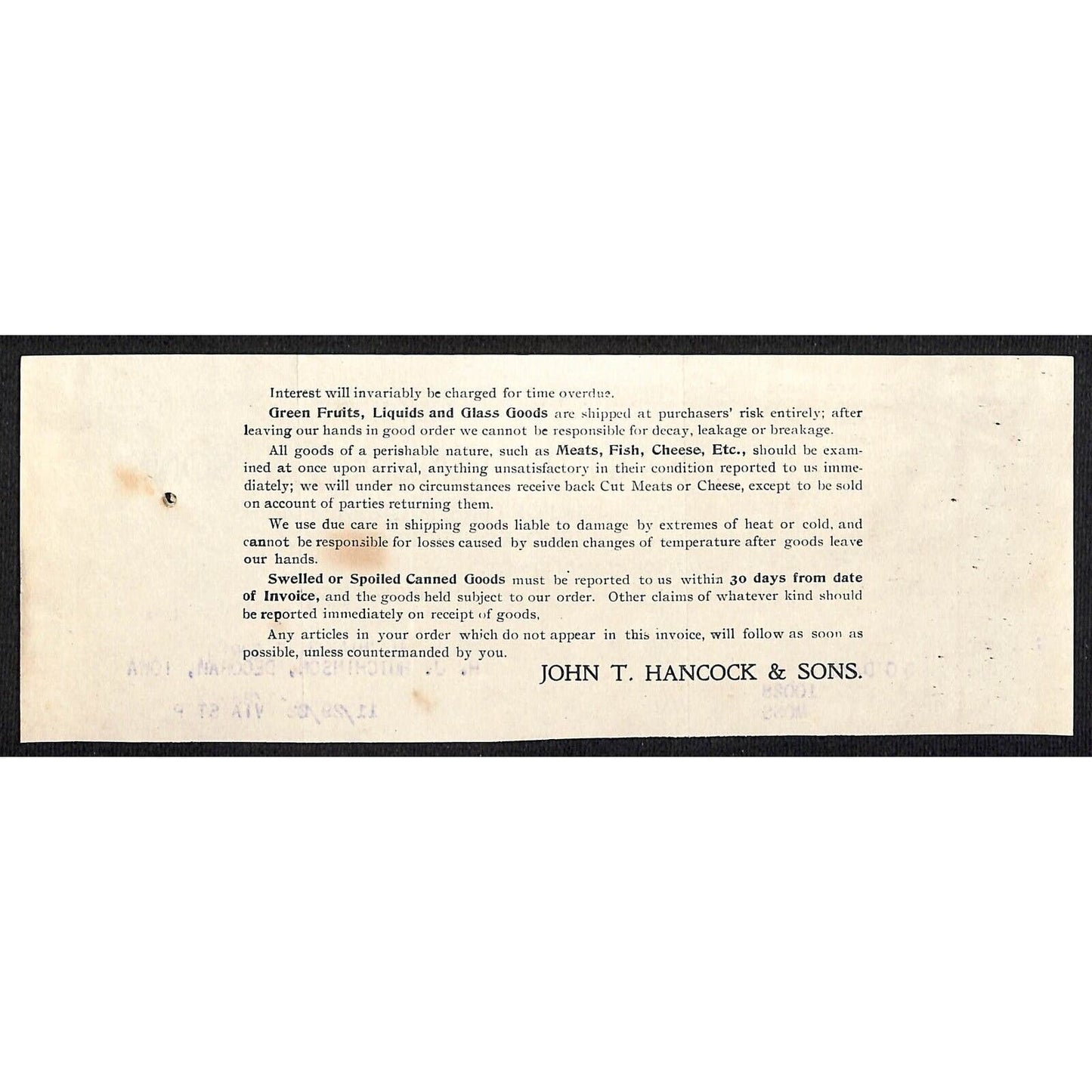 John T Hancock & Sons Dubuque Grocers Hutchinson Decorah* Nov. 1902 Cut Billhead
