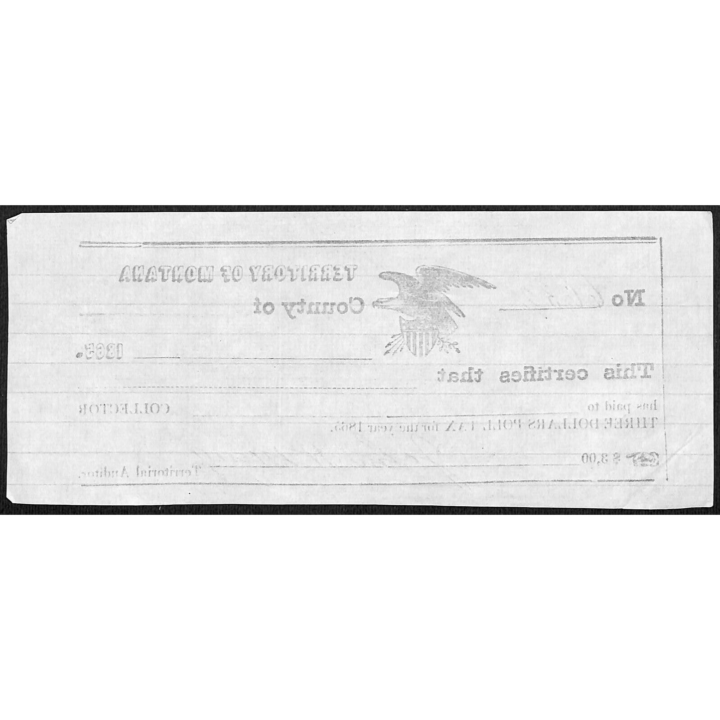 1865 Territory of Montana $3 Poll Tax Receipt #6632 VGC Scarce