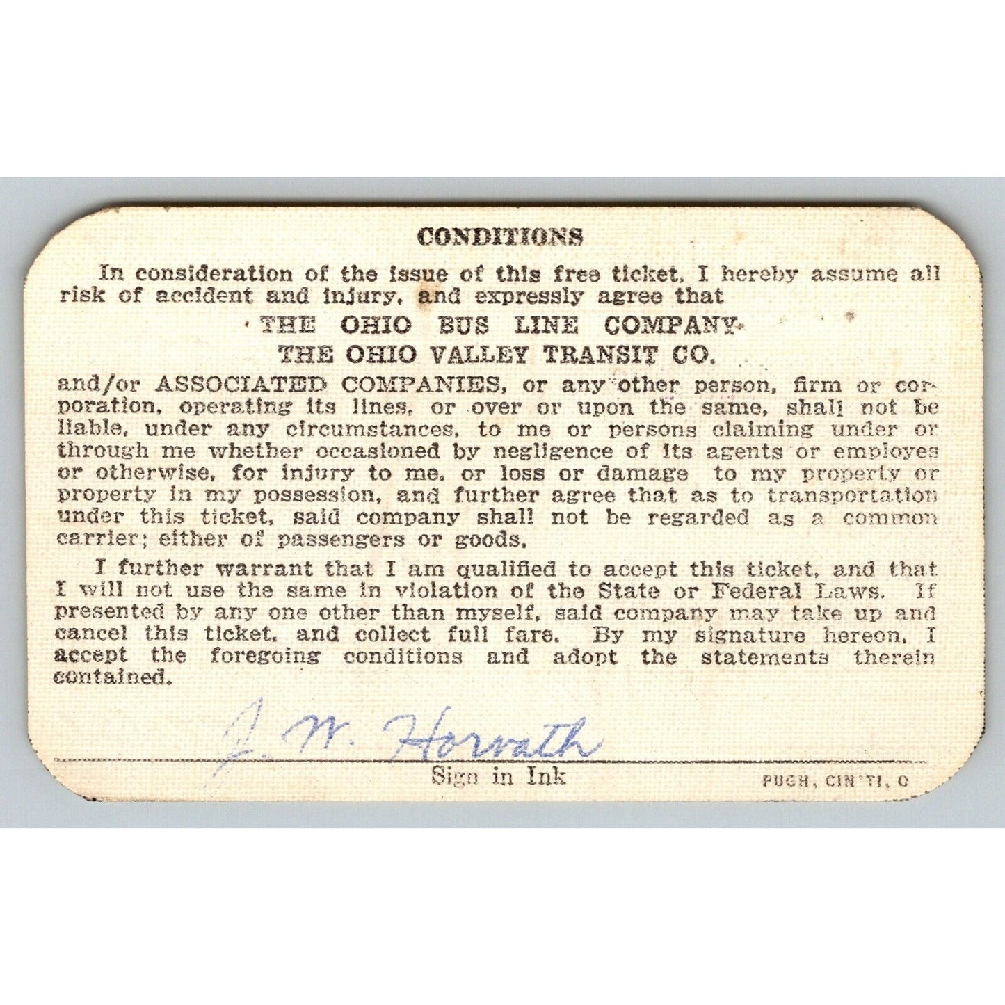 Ohio Bus Lines / Ohio Valley Transit 1965 Annual / Yearly Bus Pass #115