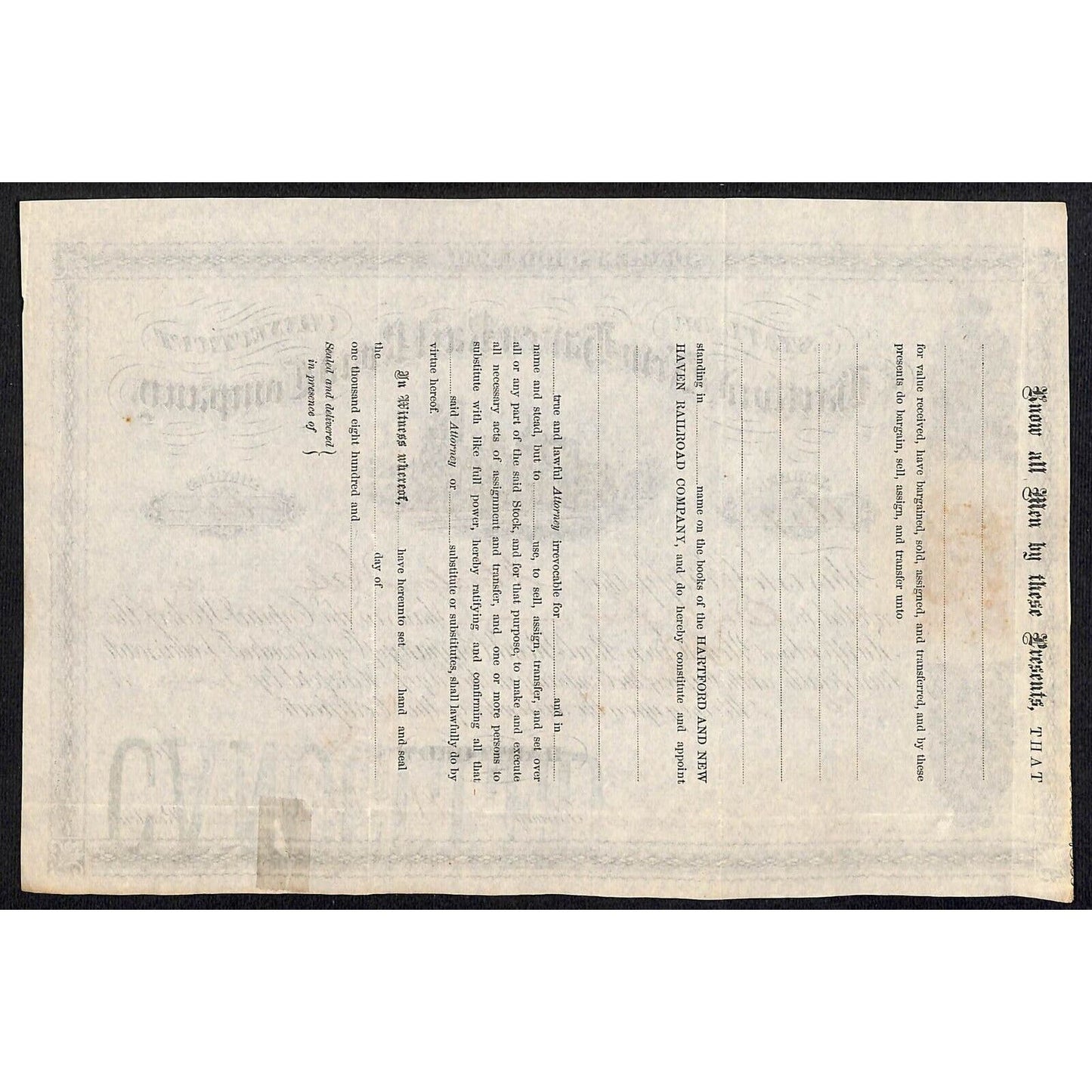 Hartford and New Haven Railroad 1872? Stock Certificate #6659 to Atwater Hale