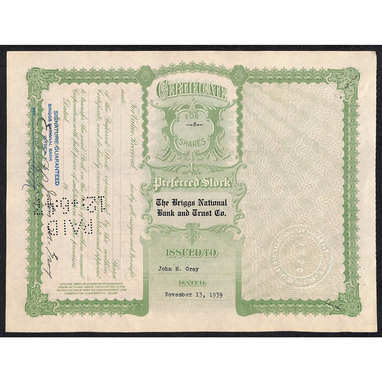 Briggs National Bank and Trust Clyde NY 1939 Stock Certificate John M. Gray