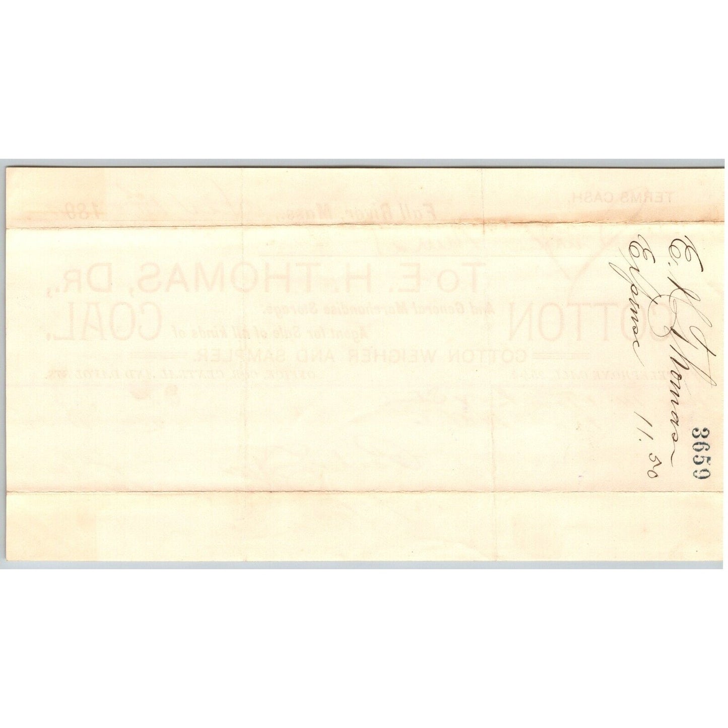 E.H. Thomas Cotton Coal General Merchandise Fall River, MA 1890 Billhead