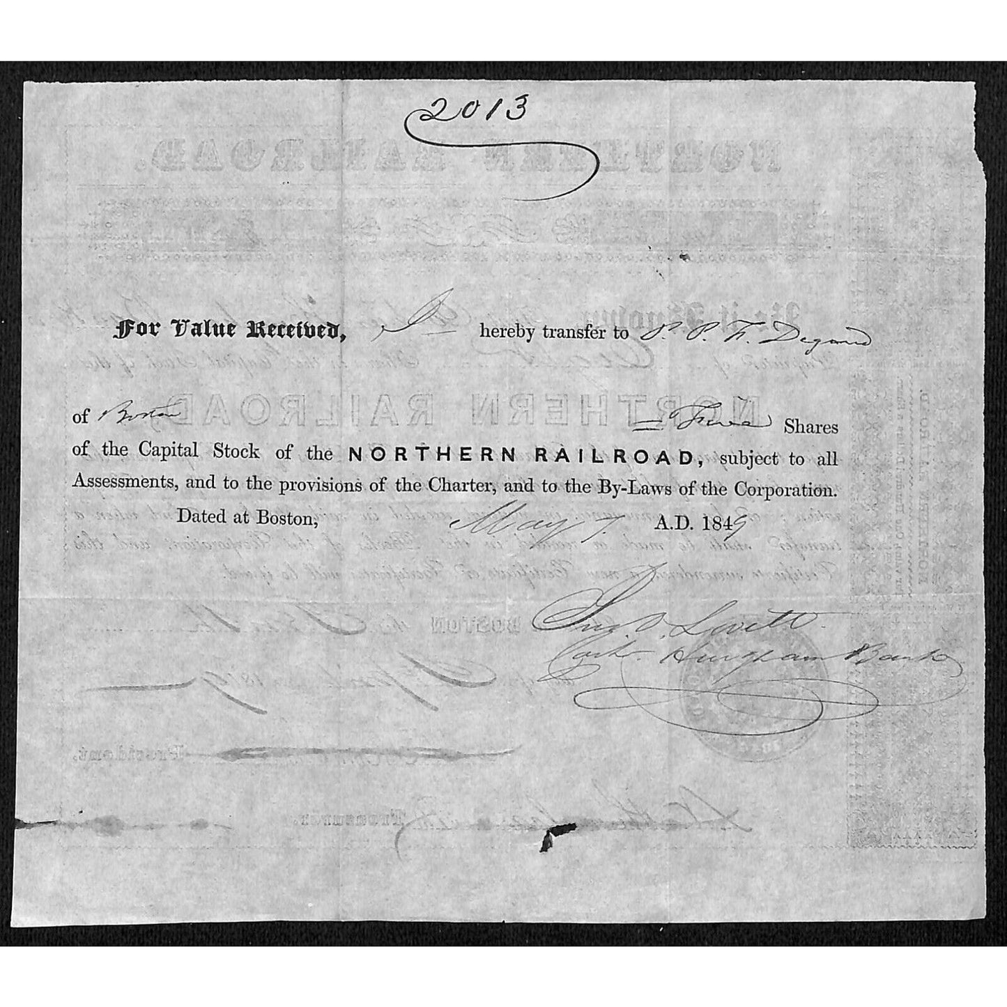 Northern Railroad 1849 Stock Certificate #3035 for 8 Shares
