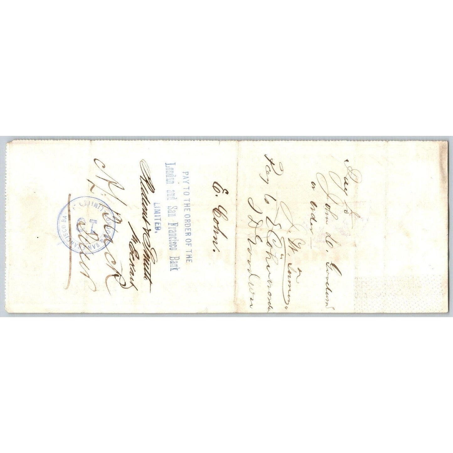 Bank of La Porte Check J.W. Turner ? 1879 Mining Vignette RN-G1 Rev Stamp #5446