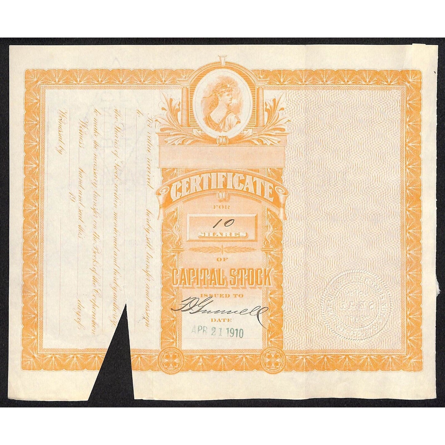 First National Bank of Lovelock, NV 1910 Stock Certificate to: F.I. Gunnell *