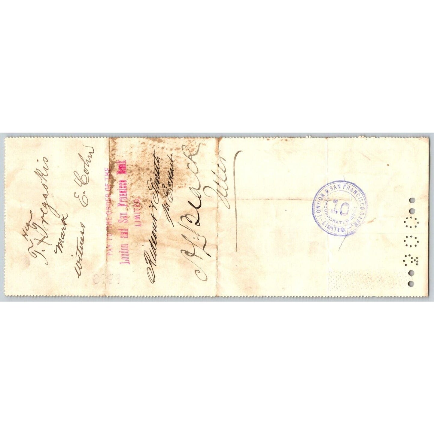 Bank of La Porte Check T. Tregasrio ? 1882 Mining Vignette RN-G1 Rev Stamp #9864