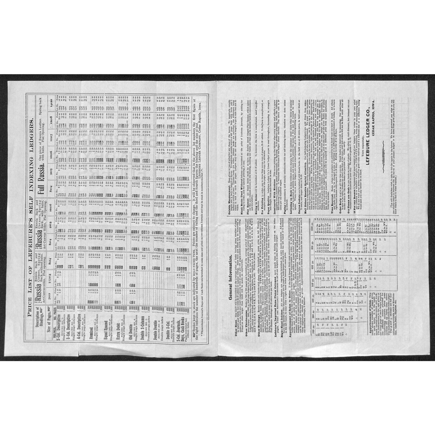 Lefebure's Self-Indexing Ledgers Cedar Rapids, IA 1901 Price Sheet Scarce