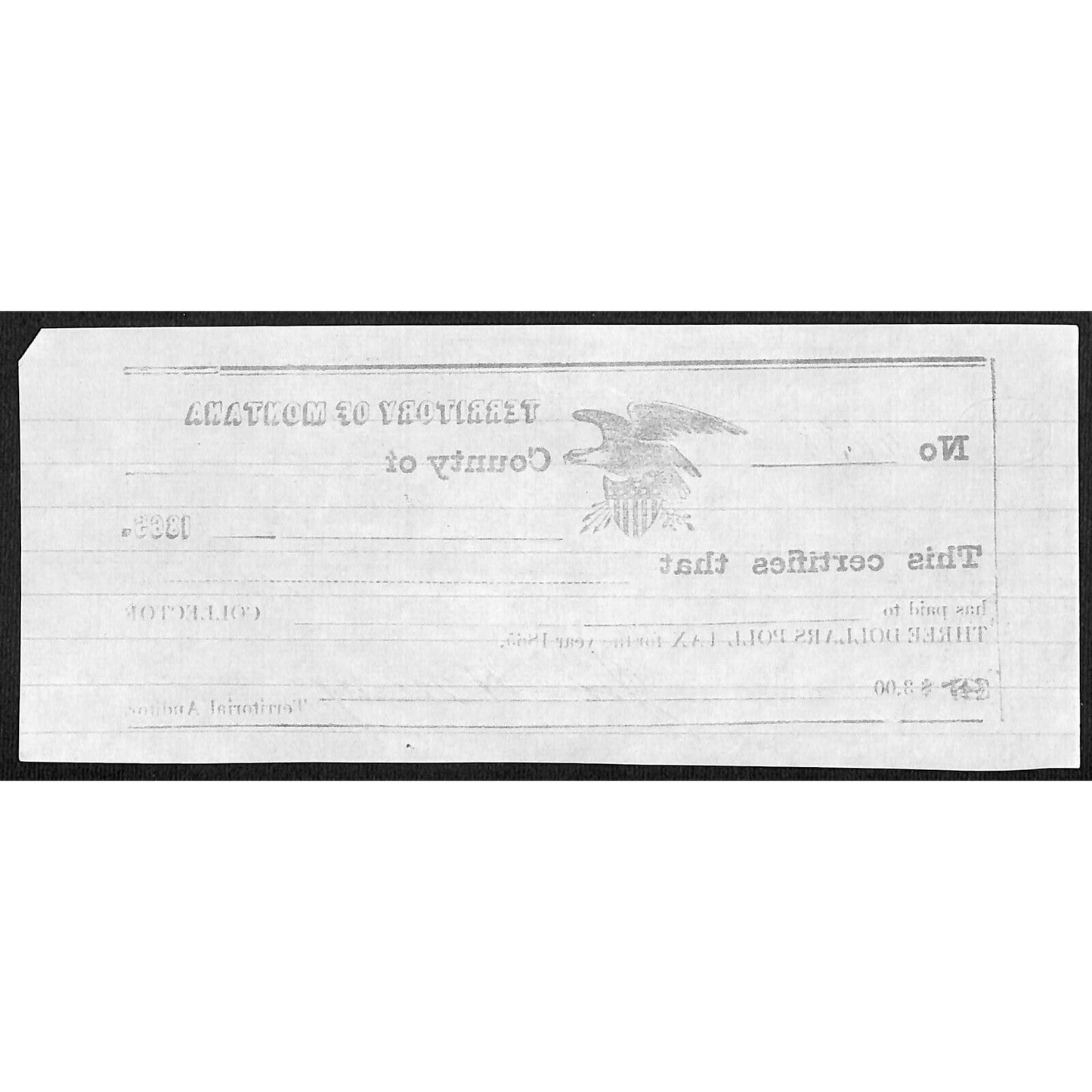 1865 Territory of Montana $3 Poll Tax Receipt #6638 VGC Scarce