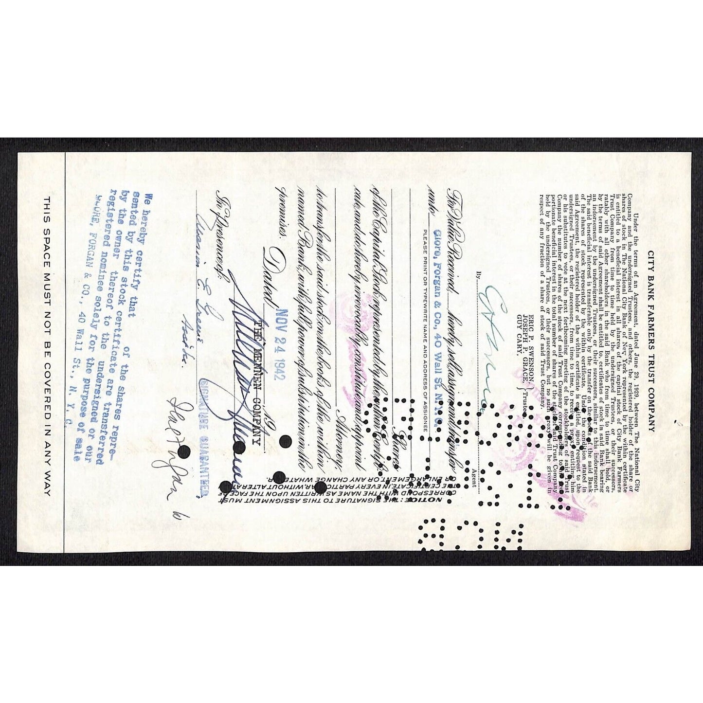 National City Bank of New York 1939 Stock Certificate to: The Mennen Co. NCB
