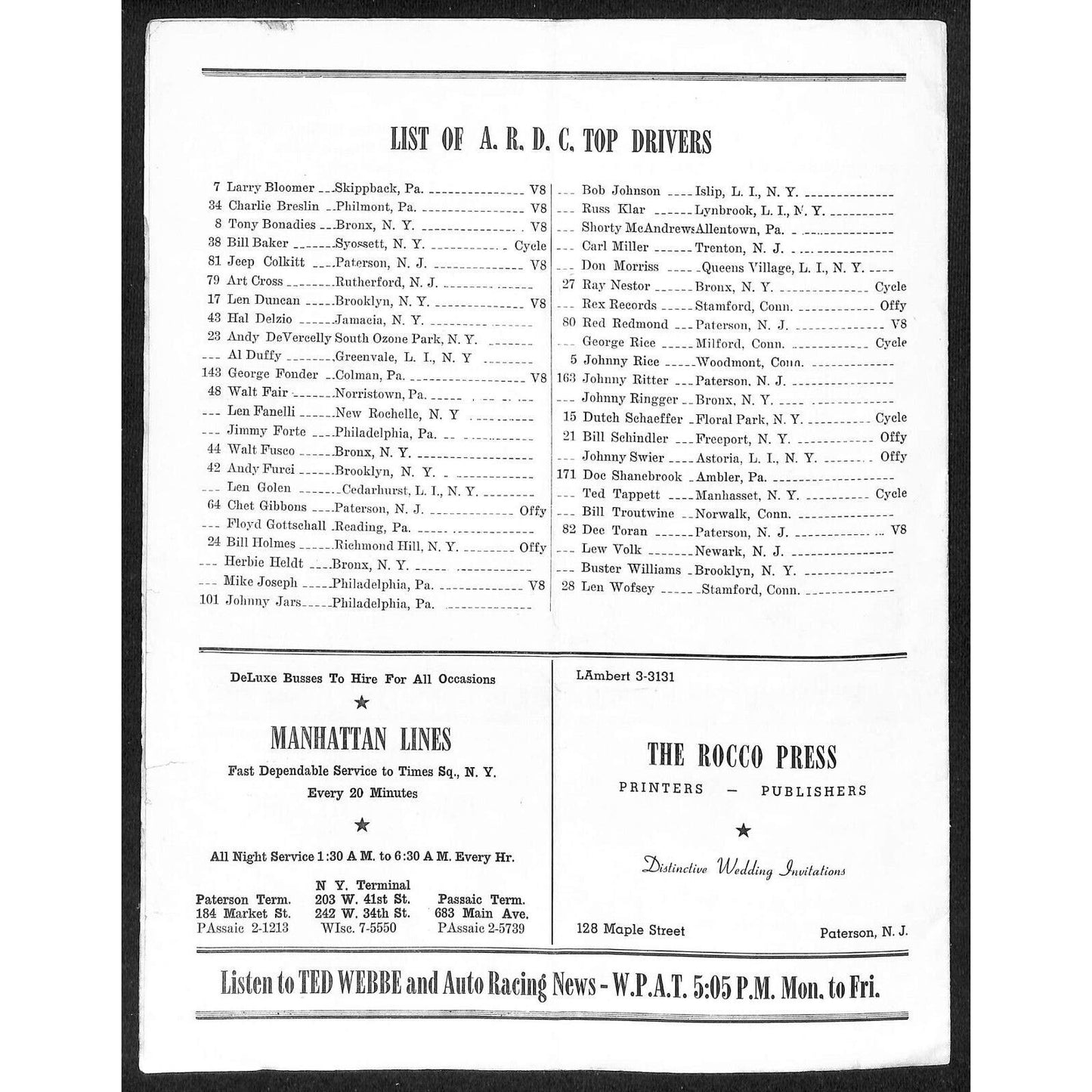 Hinchliffe Stadium Midget Auto Races 4/28/1946 Program Allan "Red" Redmond 4pp