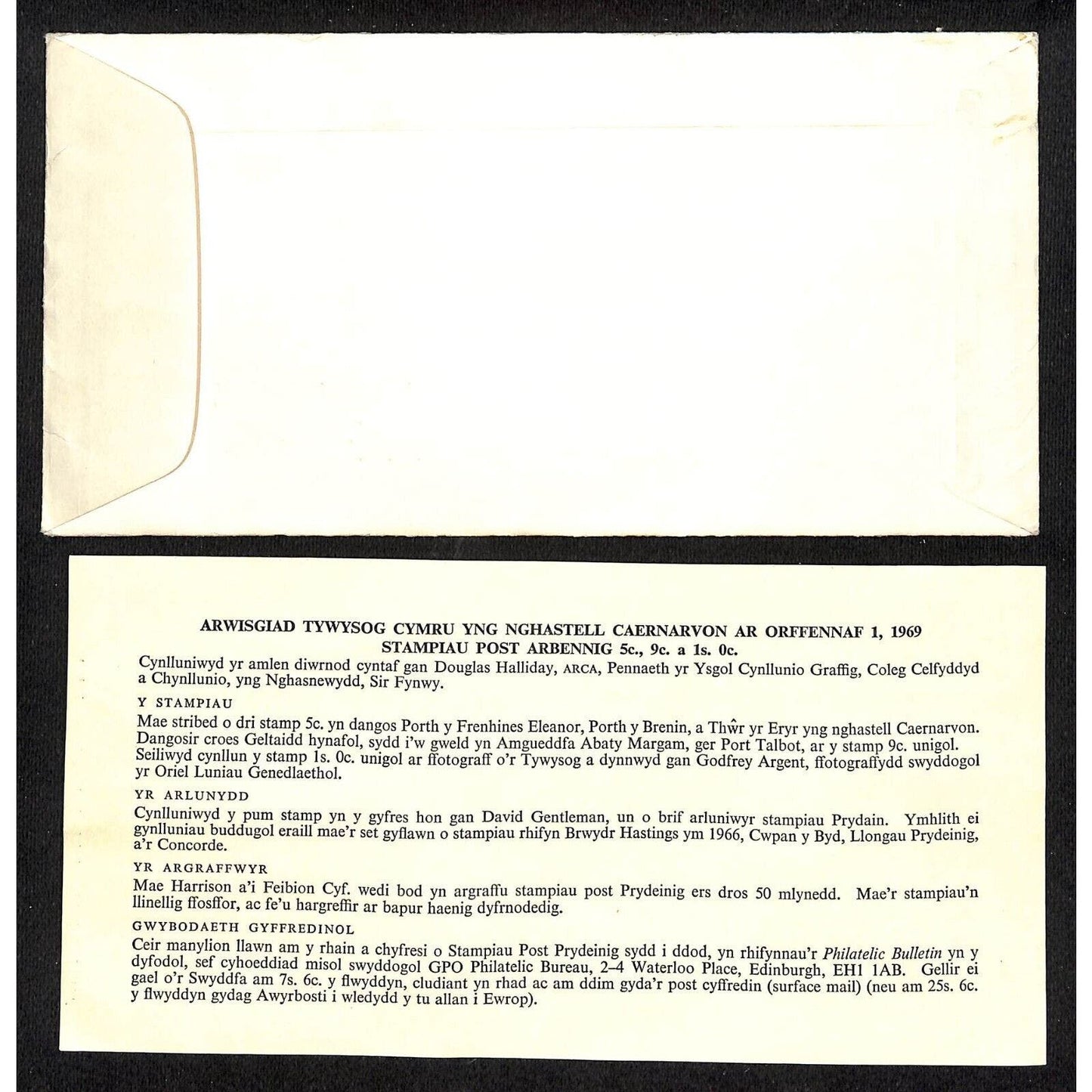 1969 First Day Cover Institute Price of Wales Awisgiad Tvwysog Cymru 1969